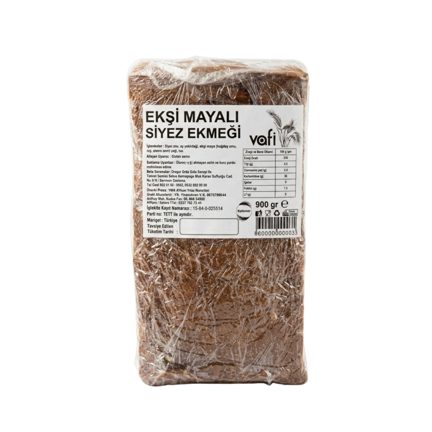 Vafi Ekşi Mayalı Siyez Ekmeği 900gr 1 ADETVafi