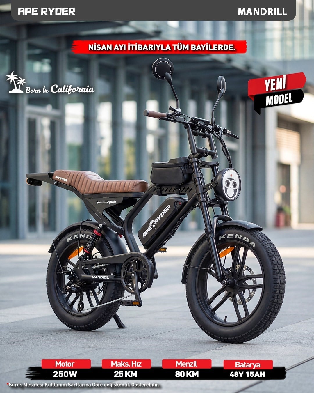 APE RYDER MANDRILL SİYAH 48V 1000 WATT ELEKTRİKLİ BİSİKLET