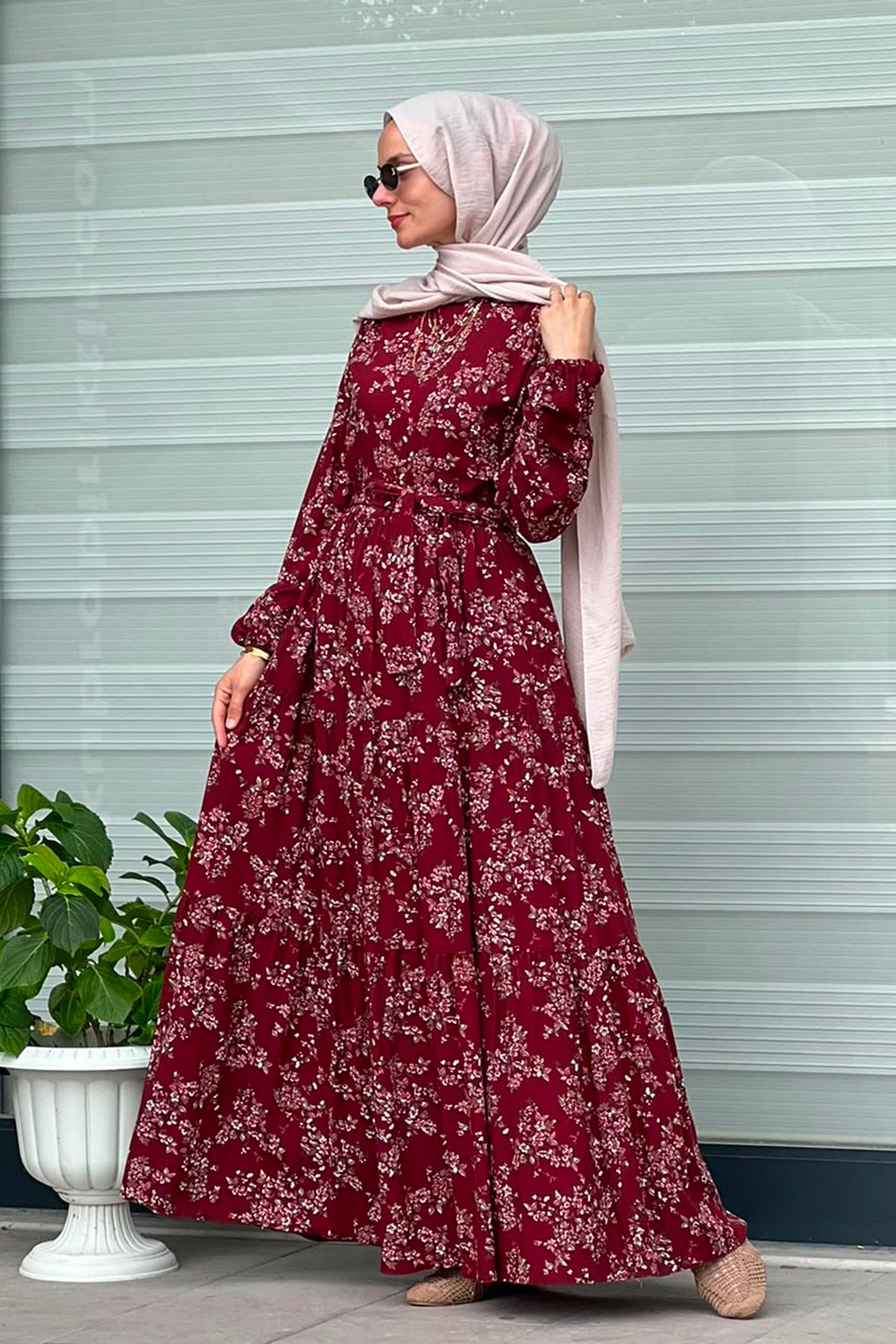 Bordo Çiçekli Elbise
