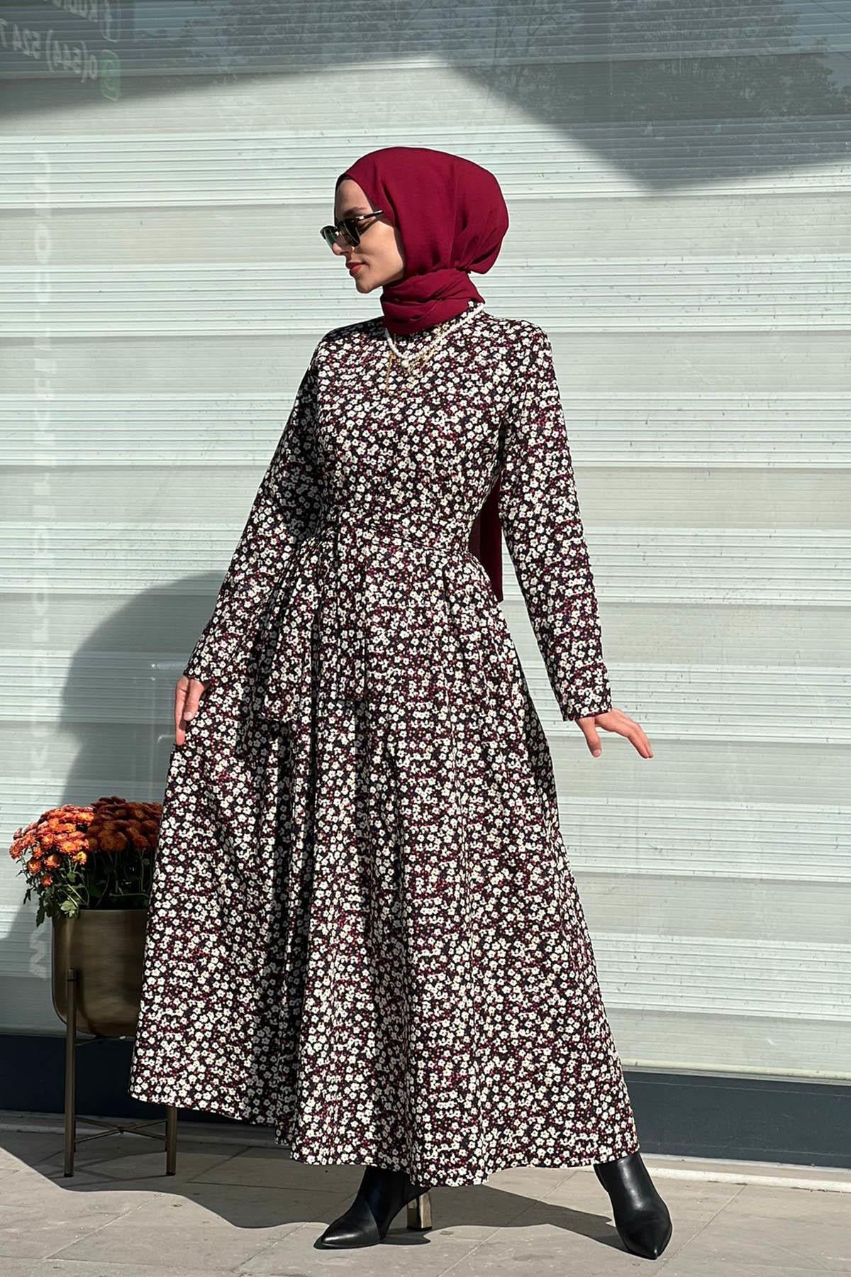 Siyah Poplin Çiçekli Elbise 