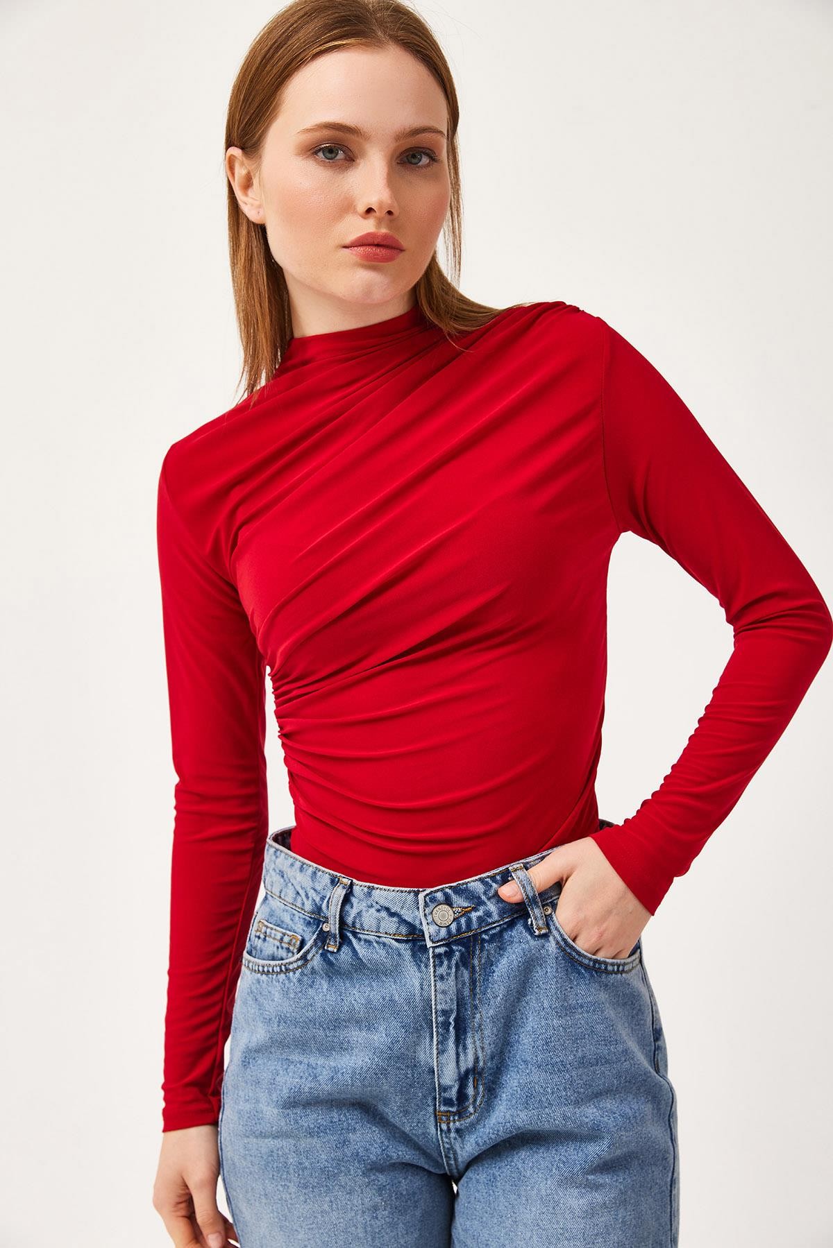  Balıkçı Yaka Drapeli Basic Bluz Bordo