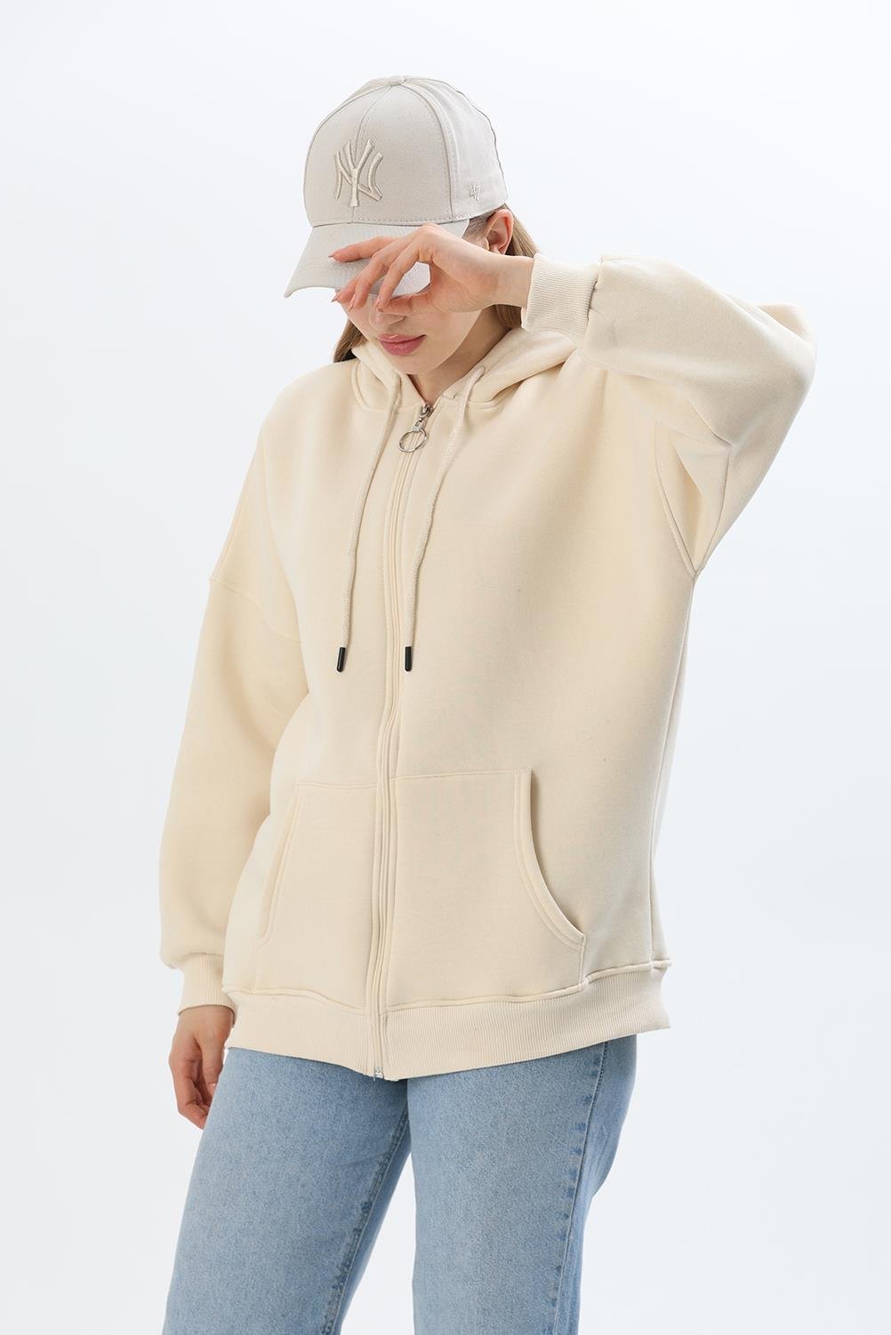  Kapüşonlu Fermuarlı Cepli Oversize Şardonlu Sweatshirt Krem