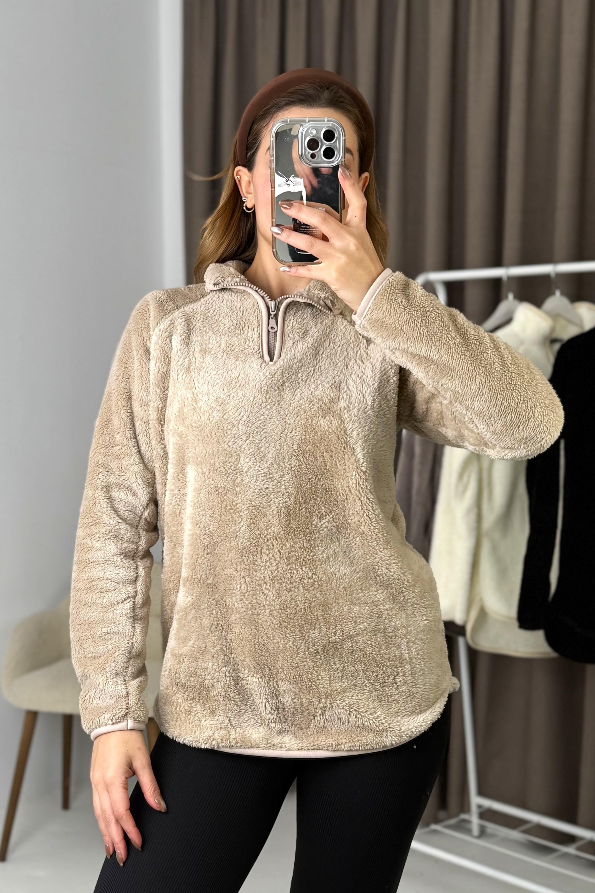 Kadın Yarım Fermuarlı  Welsoft Peluş Vizon Sweatshirt 