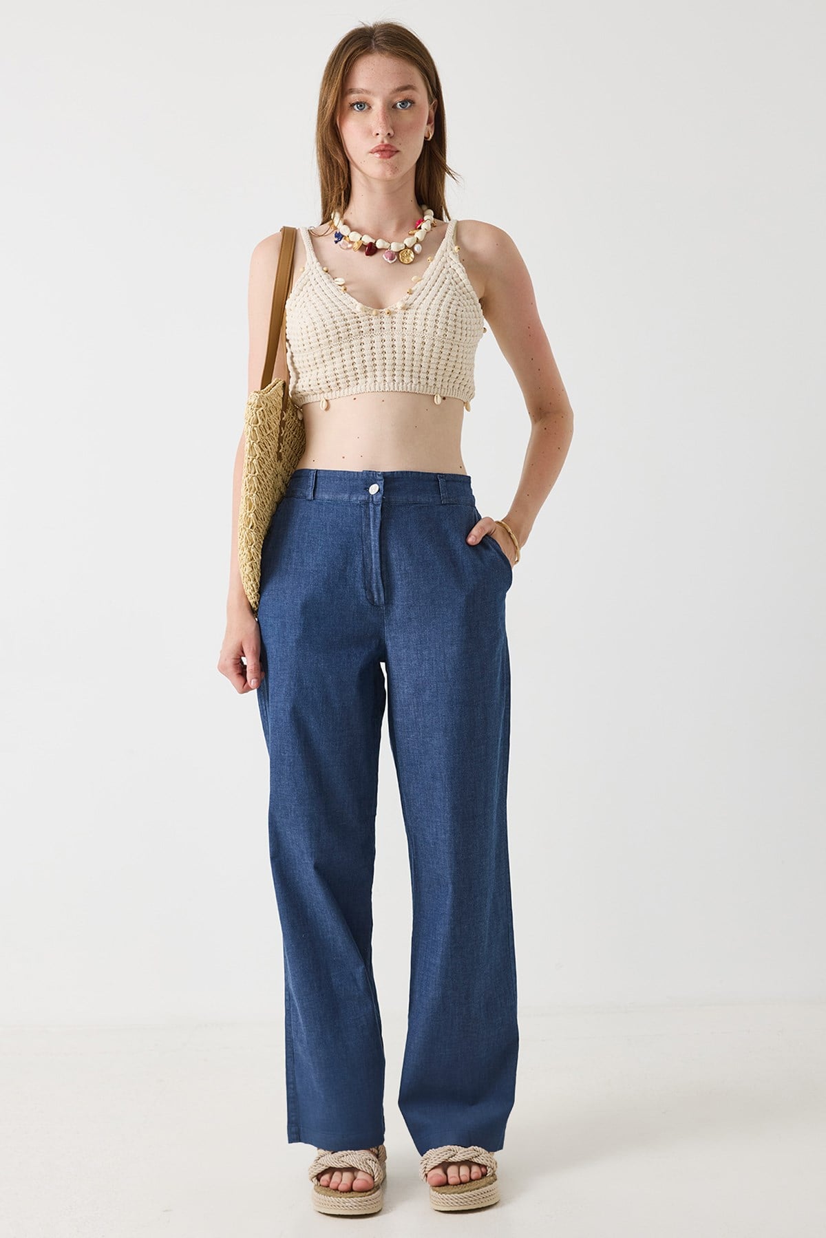 Kadın Beli Lastikli Geniş Paça Rahat Kesim Pantalon Lacivert