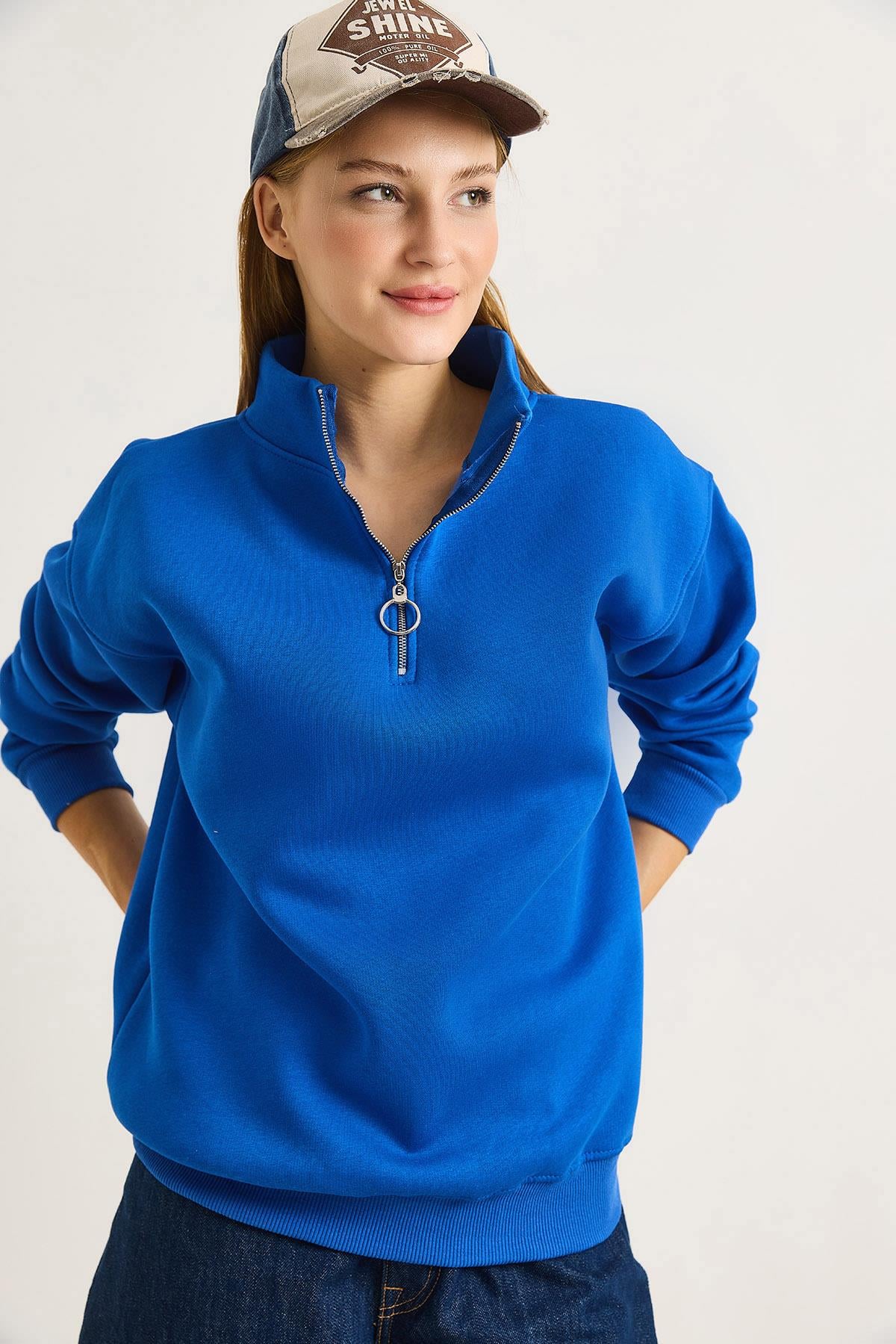 Kadın Yaka Fermuarlı 2 İplik Sweatshirt Saks