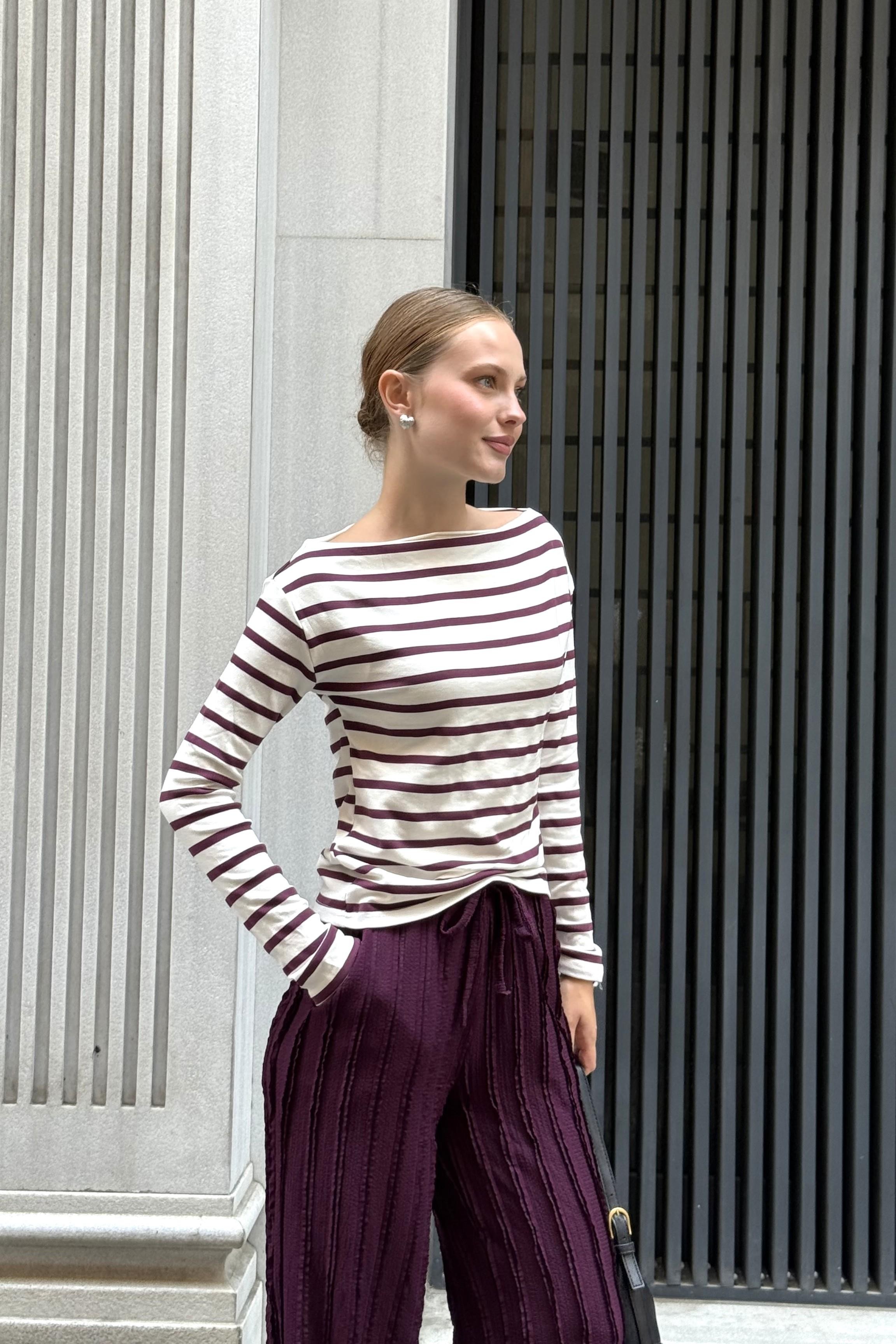 Çizgi Desen Geniş Yaka Uzun Kollu Bluz Mürdüm