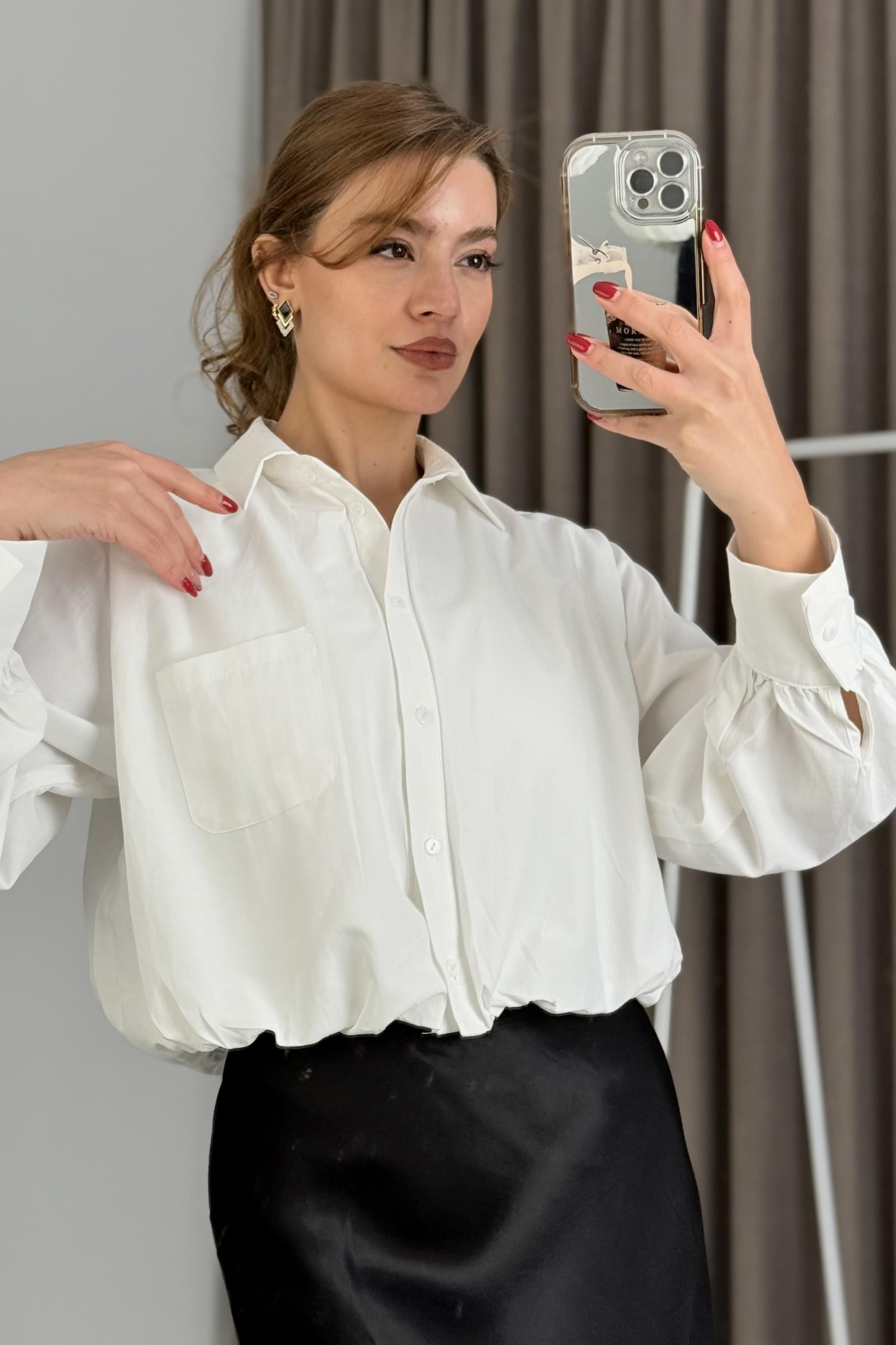 Kadın Balon Model Crop Şık Gömlek Beyaz