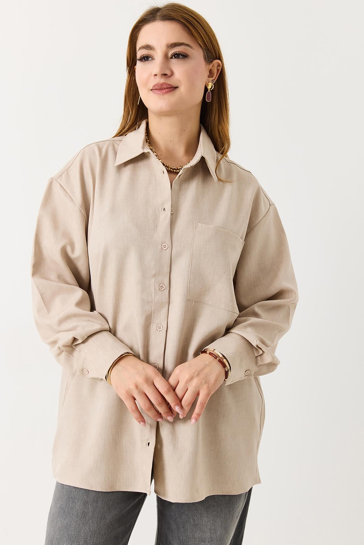 Kadın Oversize Müslin Kumaş Basic Gömlek Bej