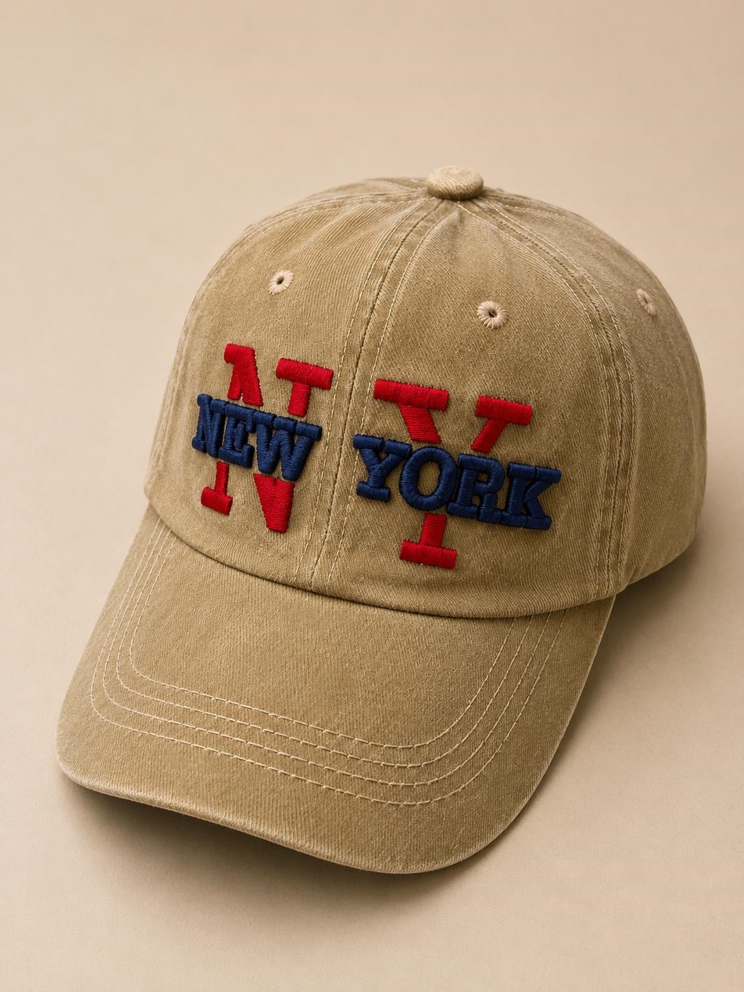 Kot Yıkamalı New York Yazı Baskılı  Şapka Vizon