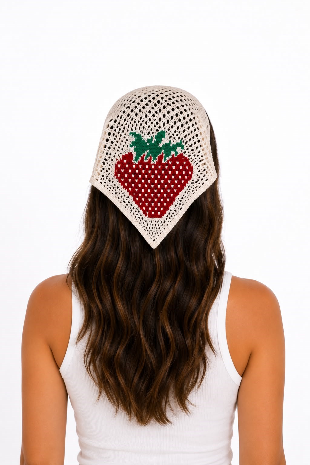 Kadın Çilek Desenli Örgü Bandana Ekru