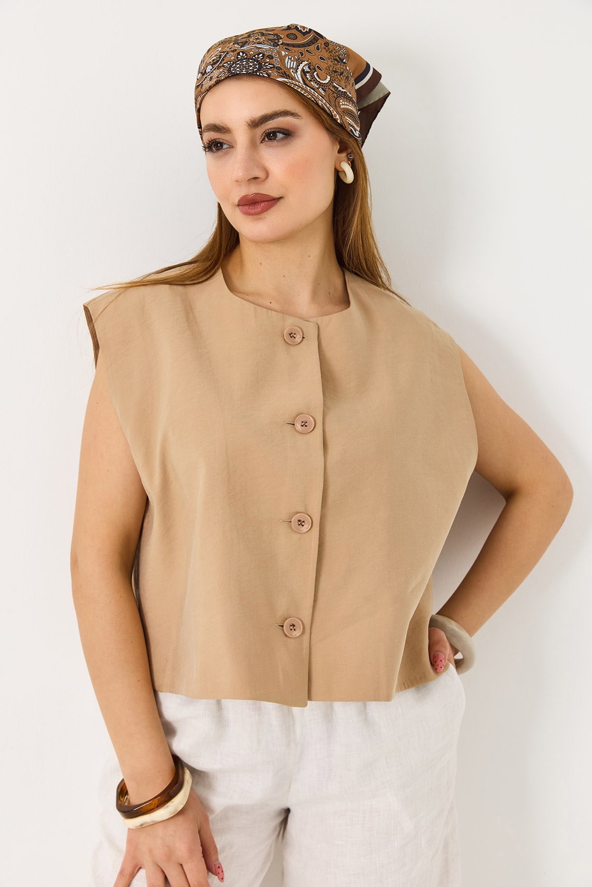 Kadın Oversize Kolsuz Yelek Bej