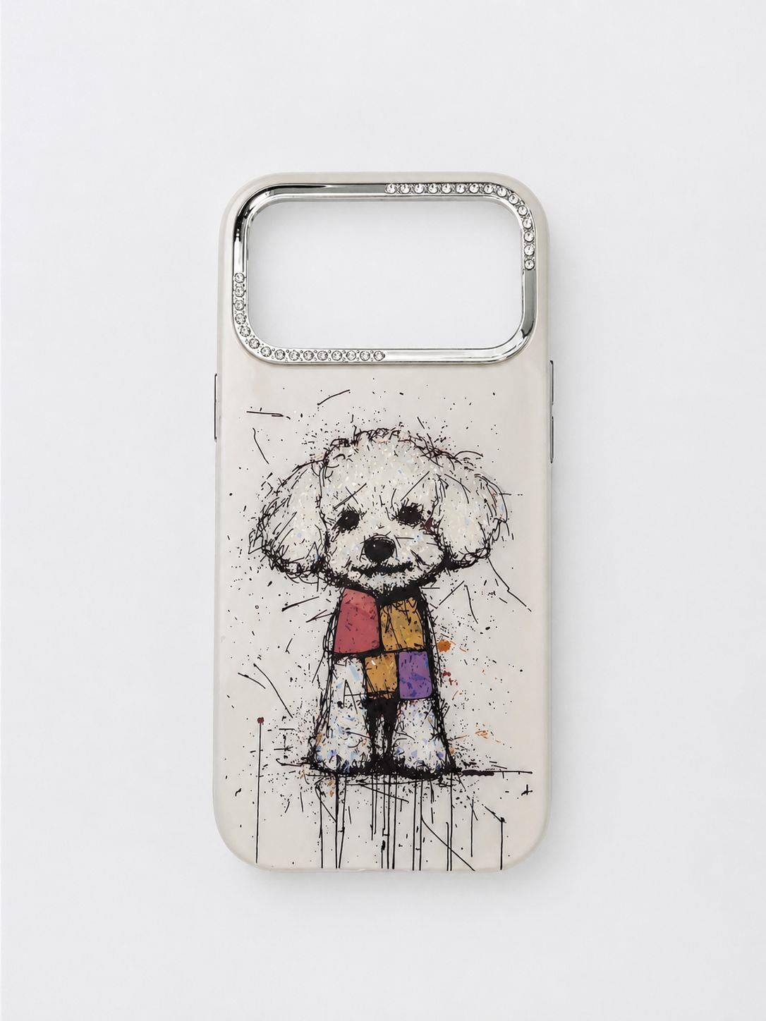 İphone 17 Pro Uyumlu Köpek Desenli Kılıf Ekru