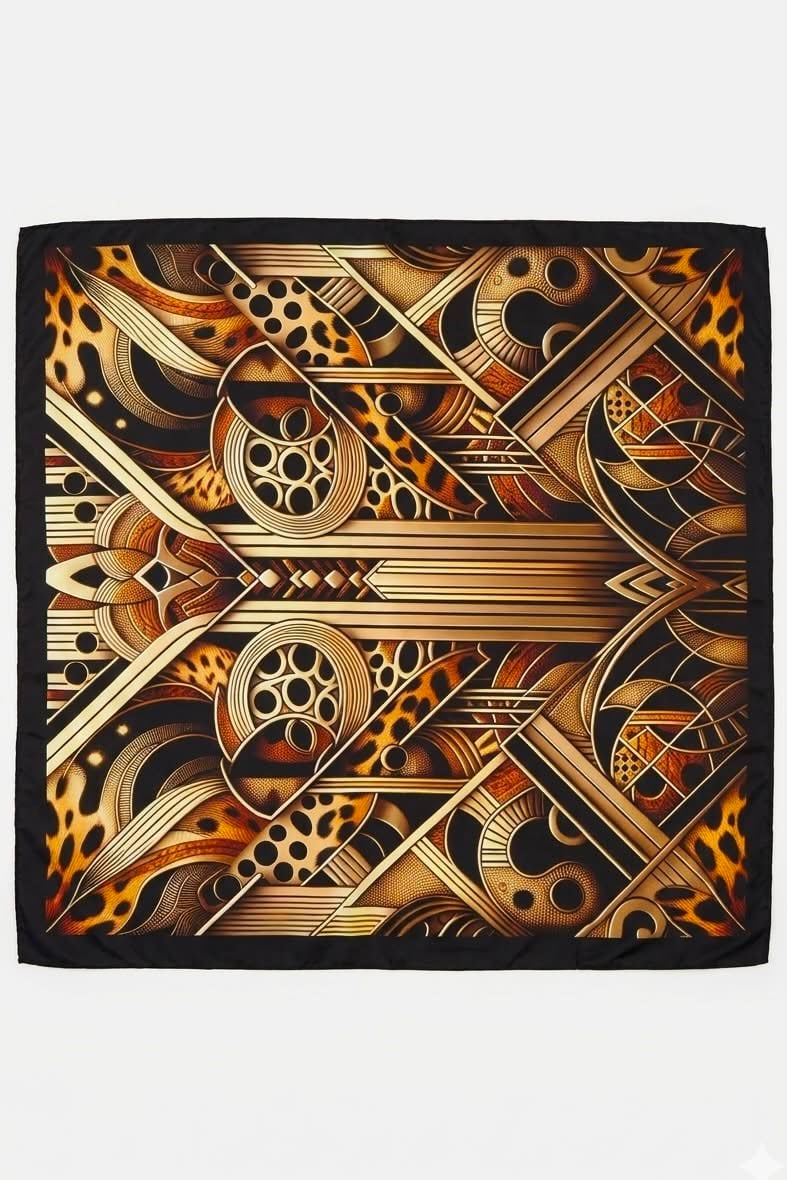 Geometrik Desenli 60X65 Ölçülü Saten Fular Siyah 