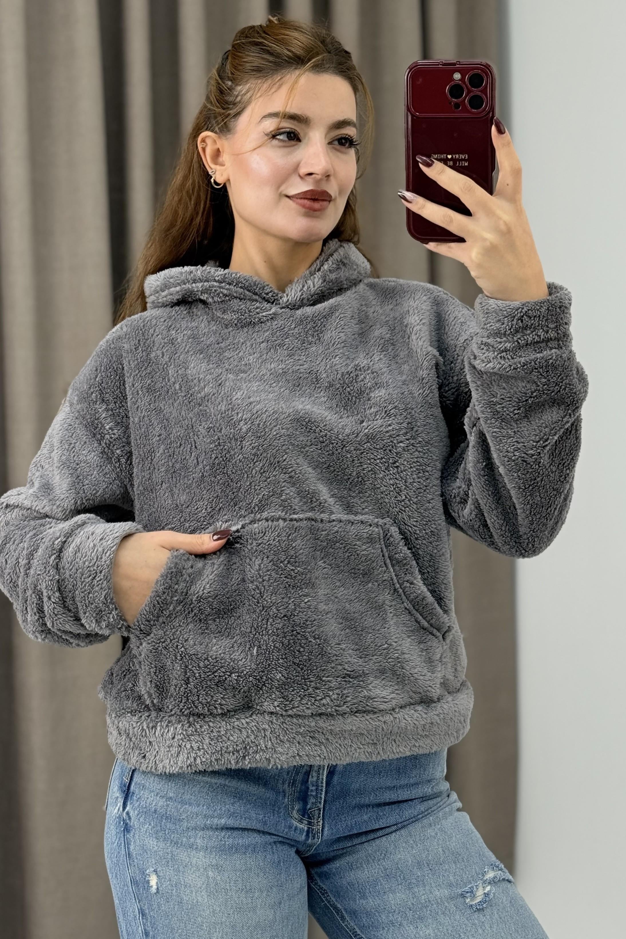 Kadın Kapüşonlu Welsoft Uzun Kollu Sweat Gri