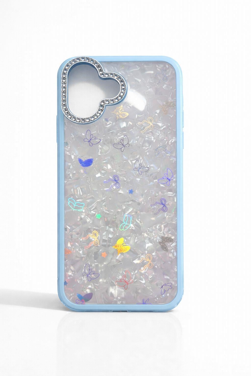 iPhone 16 Uyumlu Simli Kelebek ve Fiyonk Figürlü Kılıf Mavi