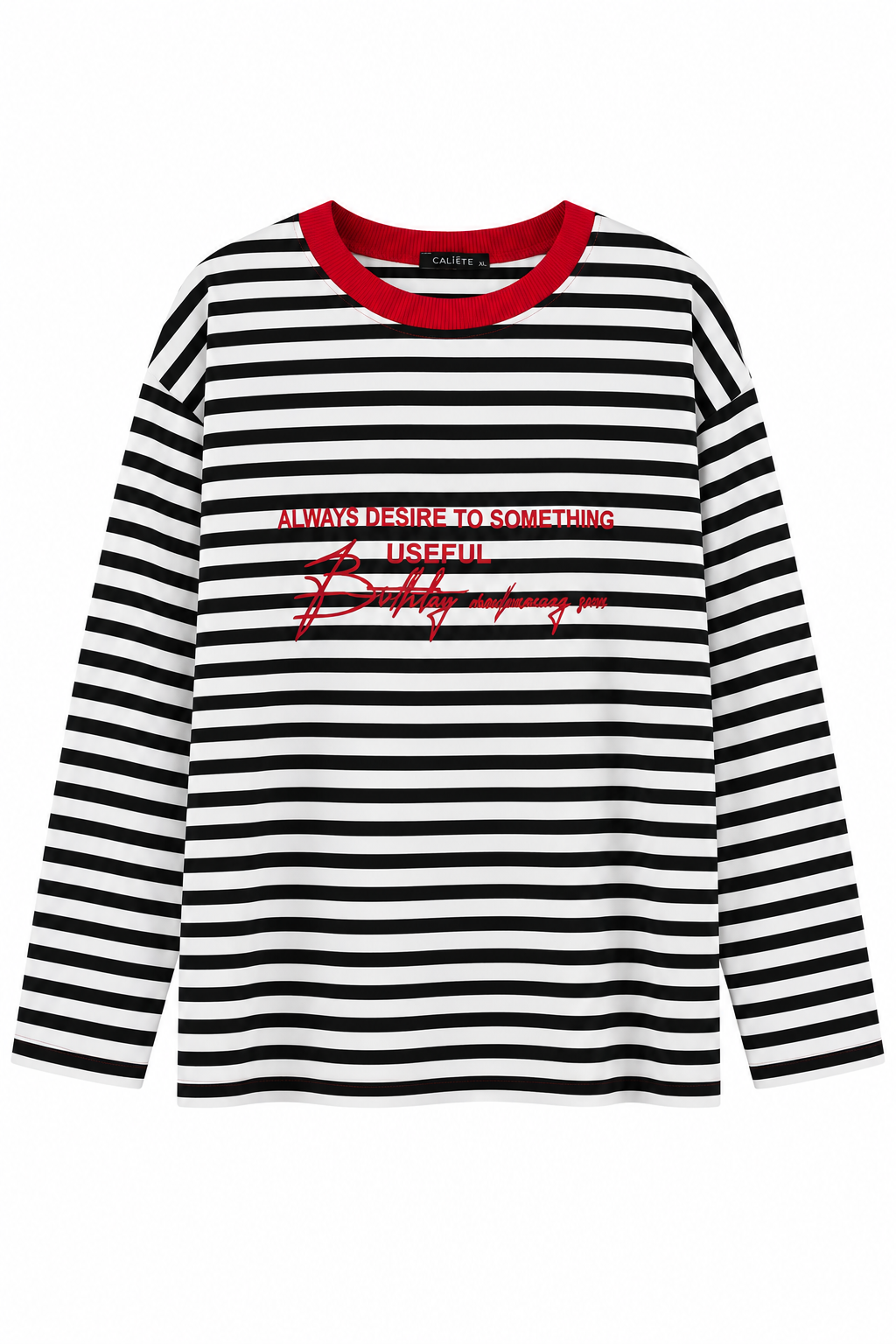 Kadın Bisiklet Yaka Baskılı Çizgili Sweatshirt Siyah