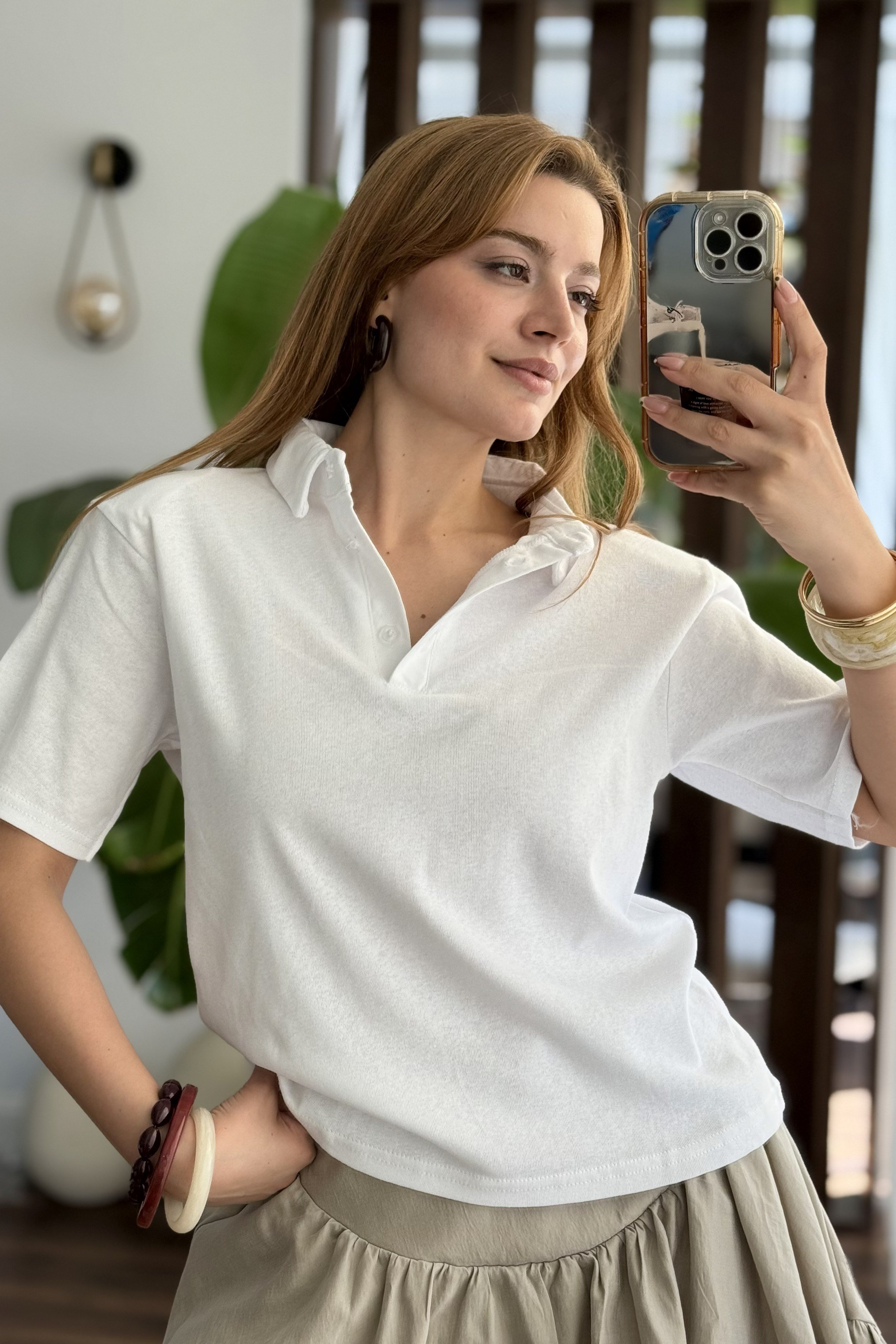 Kadın Vatkalı Polo Yaka Tshirt Beyaz