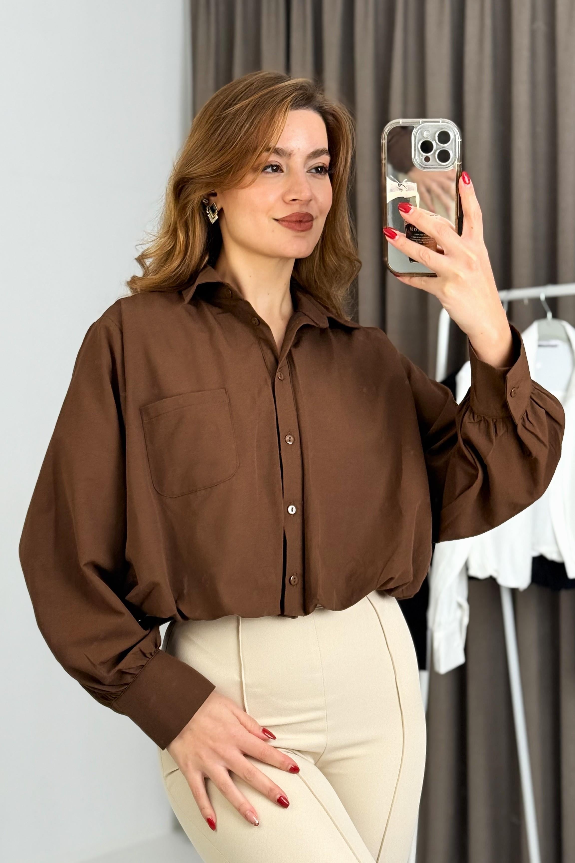 Kadın Balon Model Crop Şık Gömlek Kahverengi