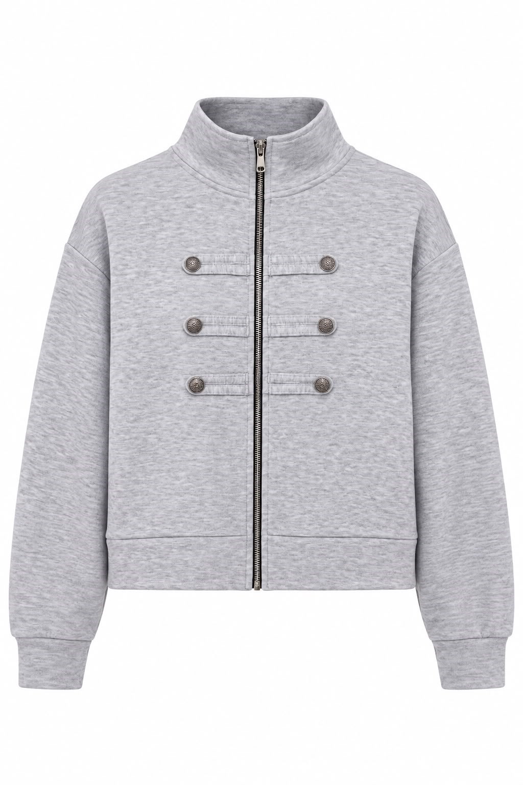 Kadın Düğme Detaylı Fermuarlı Dik Yaka Sweatshirt Gri