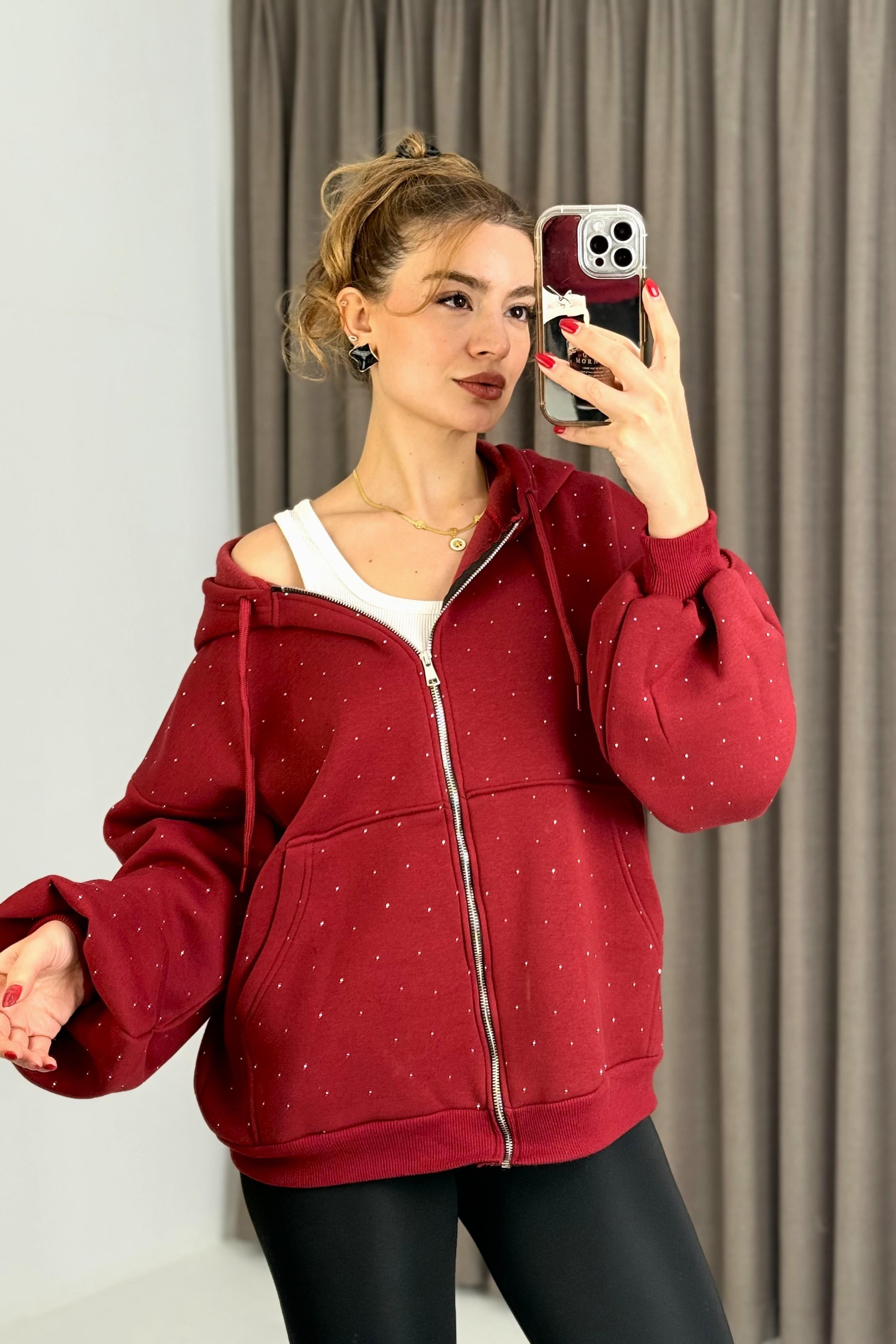 Kadın Taş Detaylı Kapüşonlu 3 İplik Fermuarlı Sweatshirt Bordo