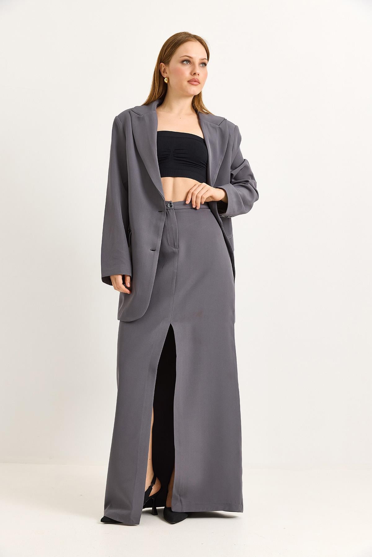 Yırtmaçlı Etek Oversize Ceket İkili Takım Füme