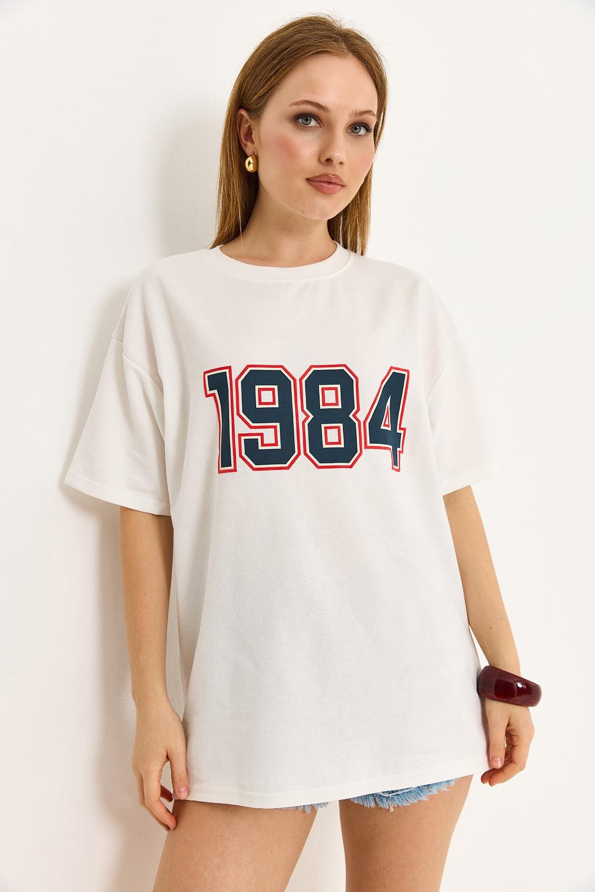 1984 Baskılı Oversize Tshirt Ekru