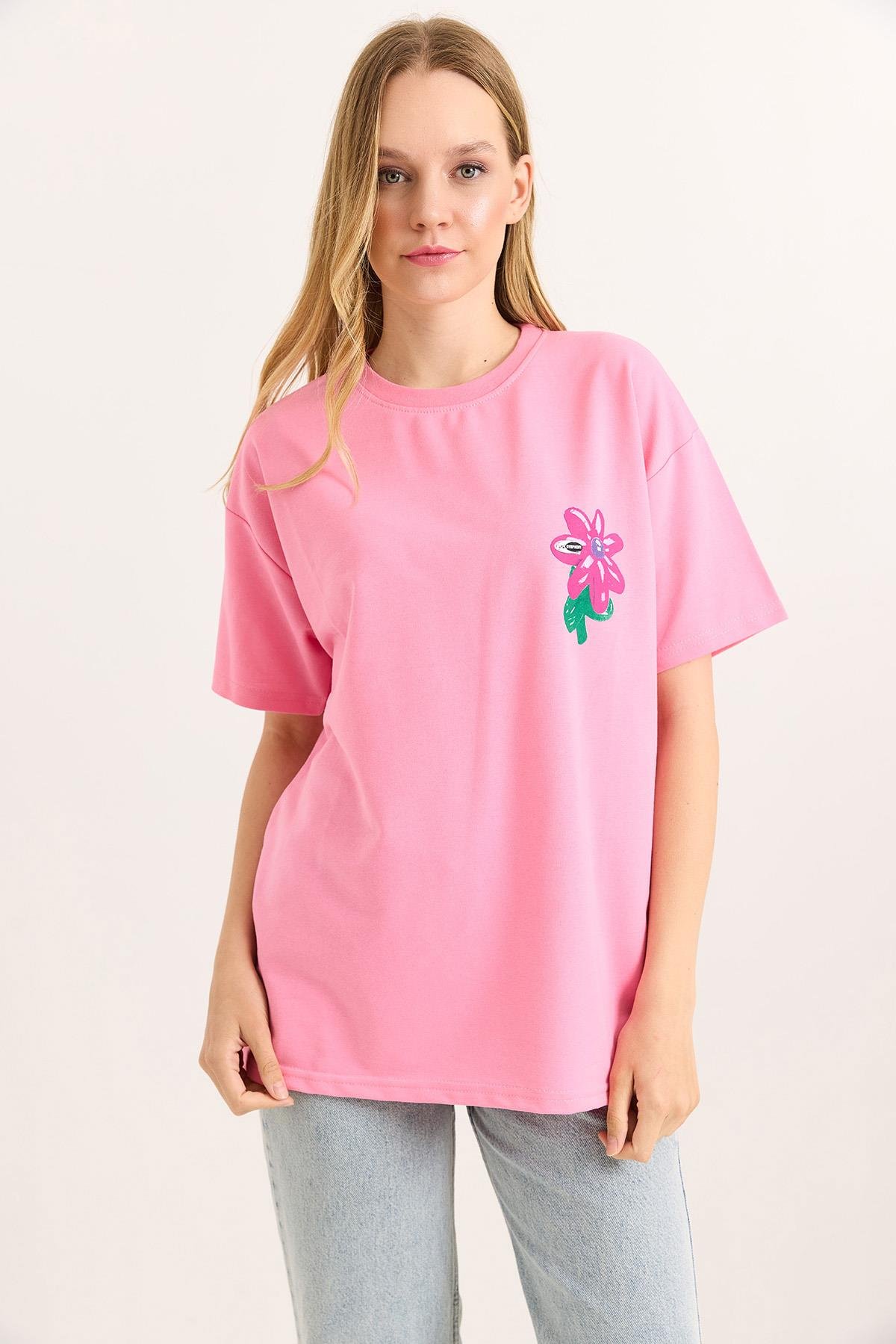 Baskılı Bisiklet Yaka Basic Tshirt Pembe