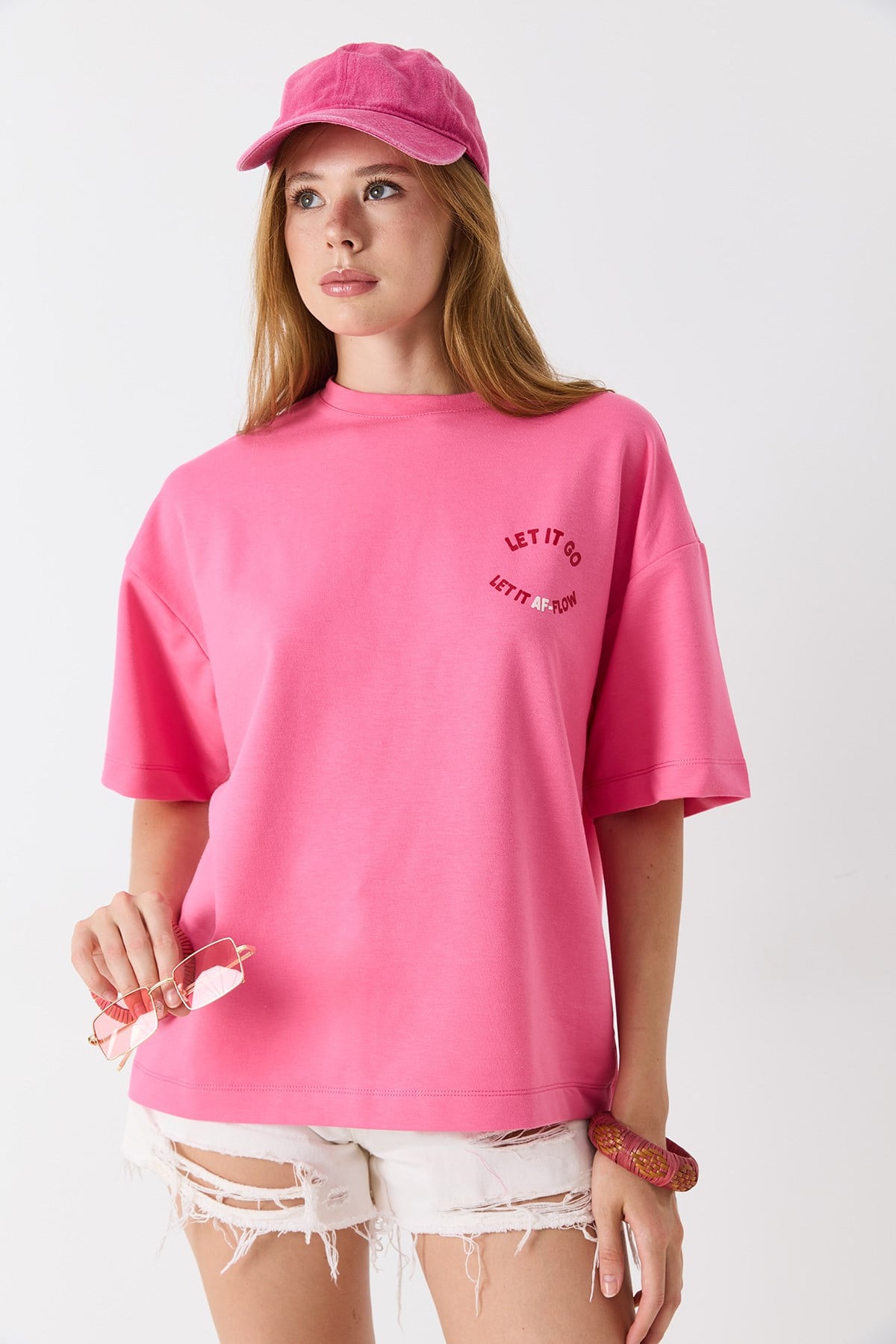 Kadın Bisiklet Yaka Yazı Baskılı Kısa Kollu Tshirt Pembe