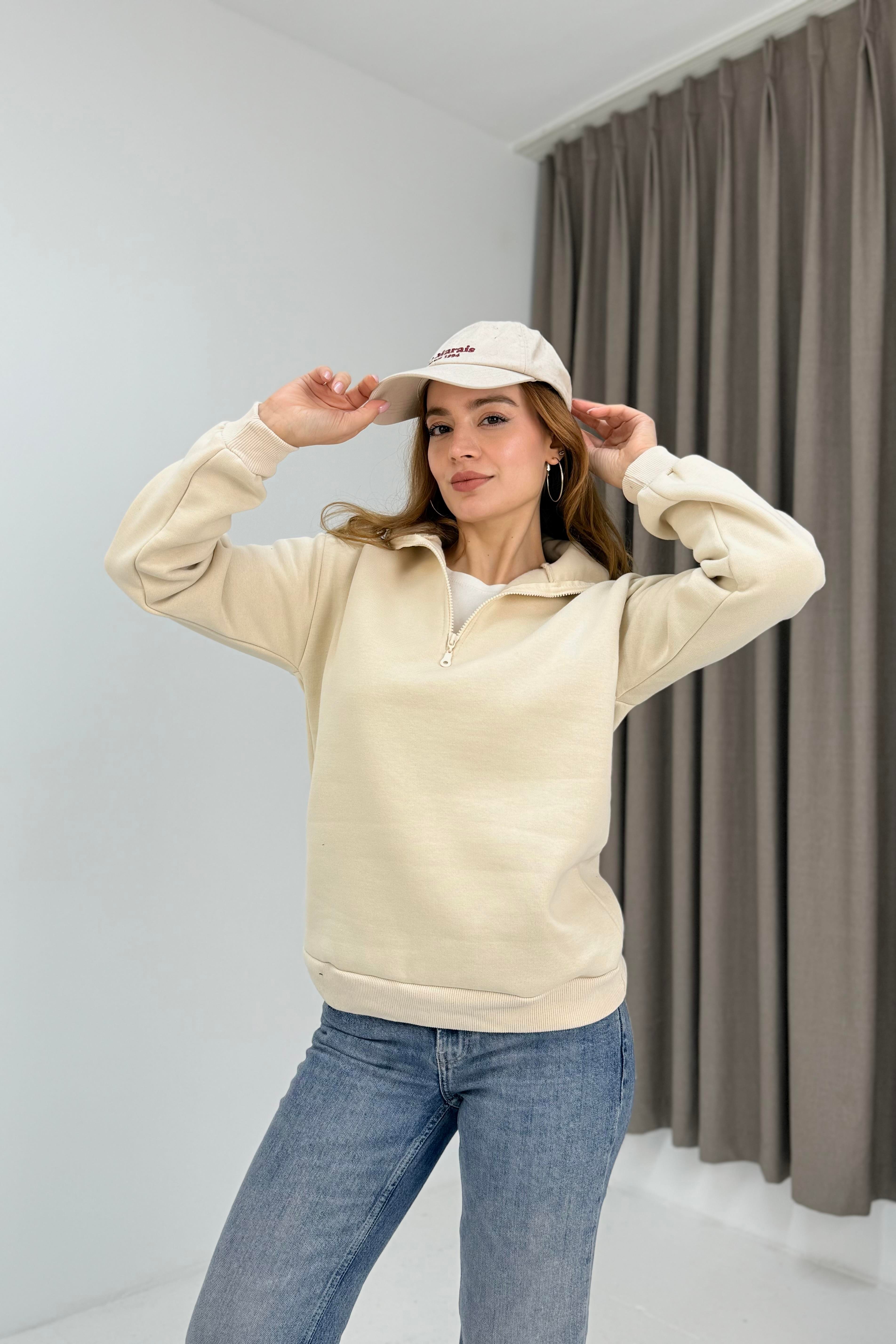 Kadın Vizon Yarım Fermuarlı Üç İplik Sweat 