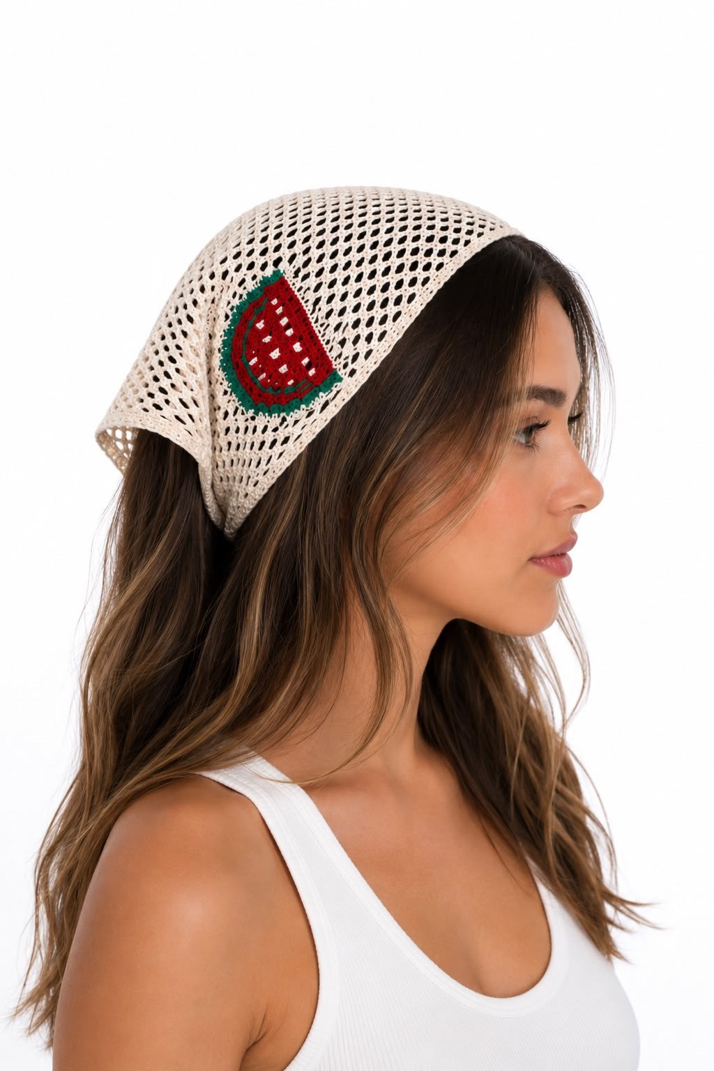 Kadın Karpuz Desenli Örgü Bandana Ekru