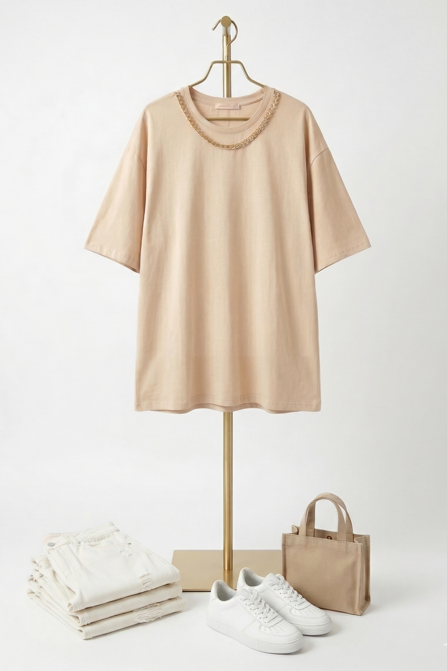 Kadın Yakası Gold Zincirli Bisiklet Yaka Tshirt Bej