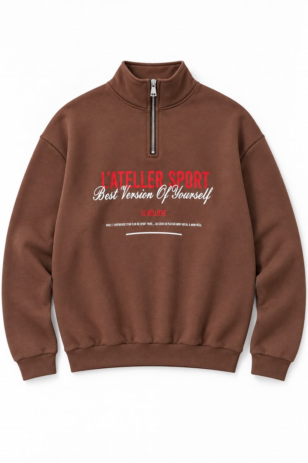 Kadın Dik Yaka Yarım Fermuarlı Baskılı Sweatshirt Kahverengi