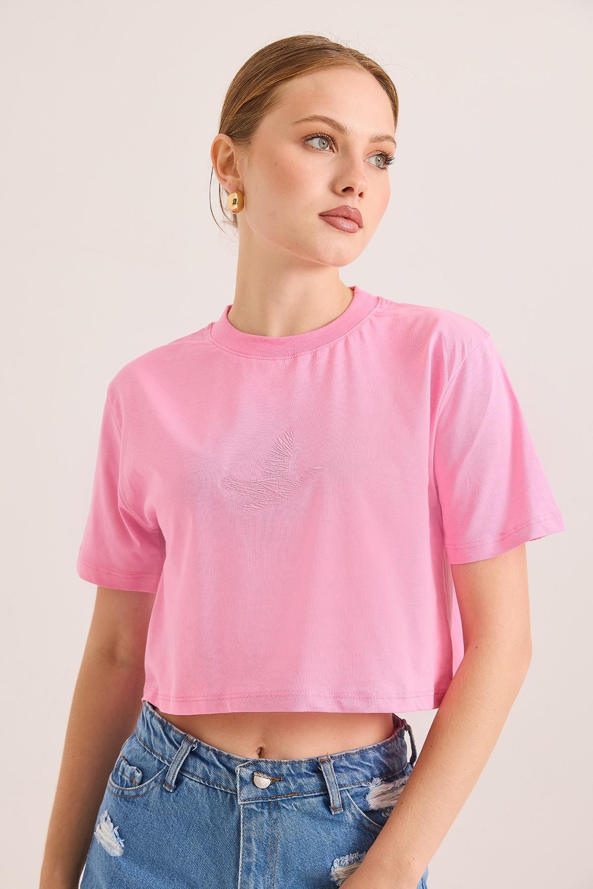 Karikatür Kuş Kabartma Baskılı Örme Crop Tshirt Pembe
