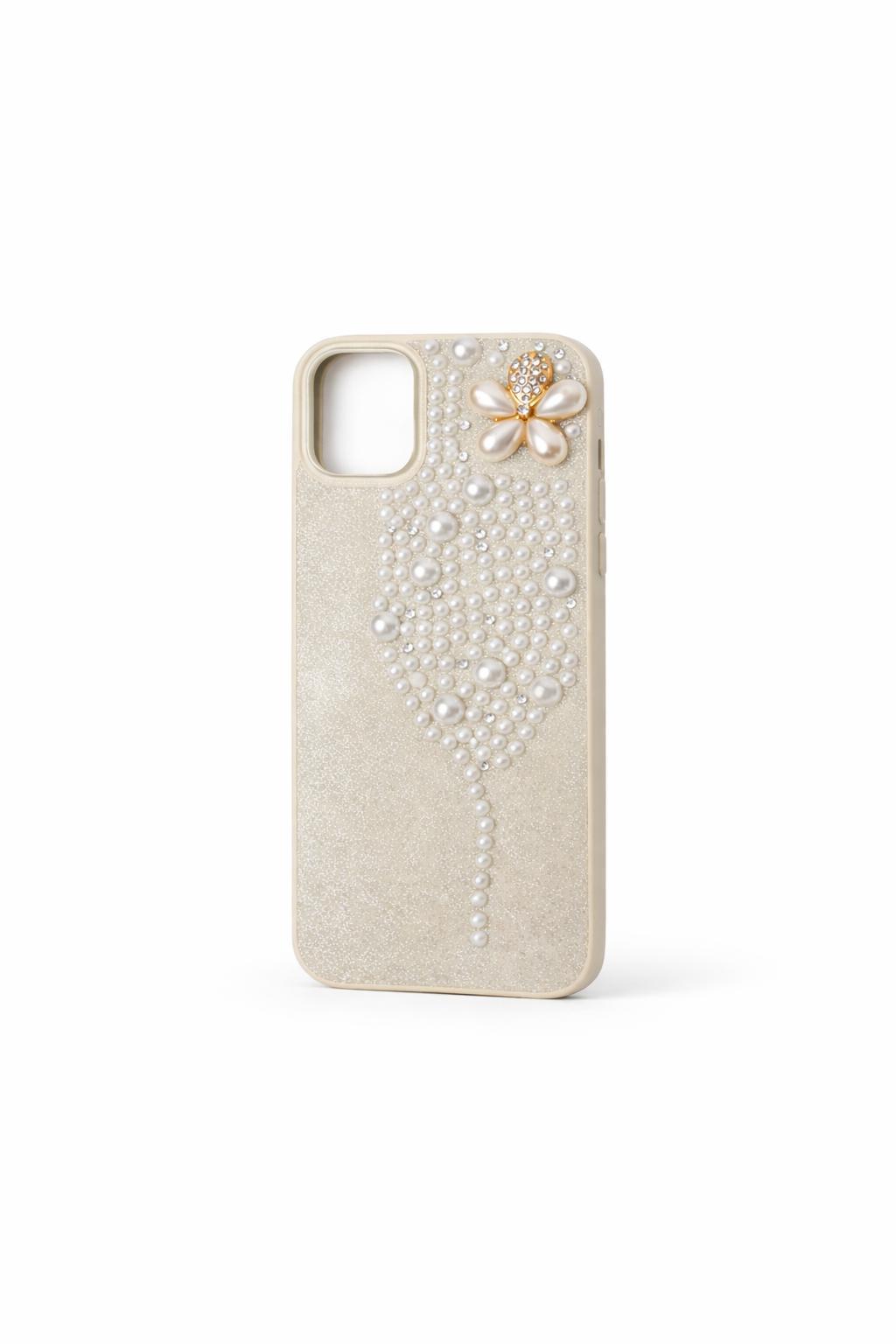 İphone 16 Pro Uyumlu İnci ve Glitter Detaylı Kılıf Ekru