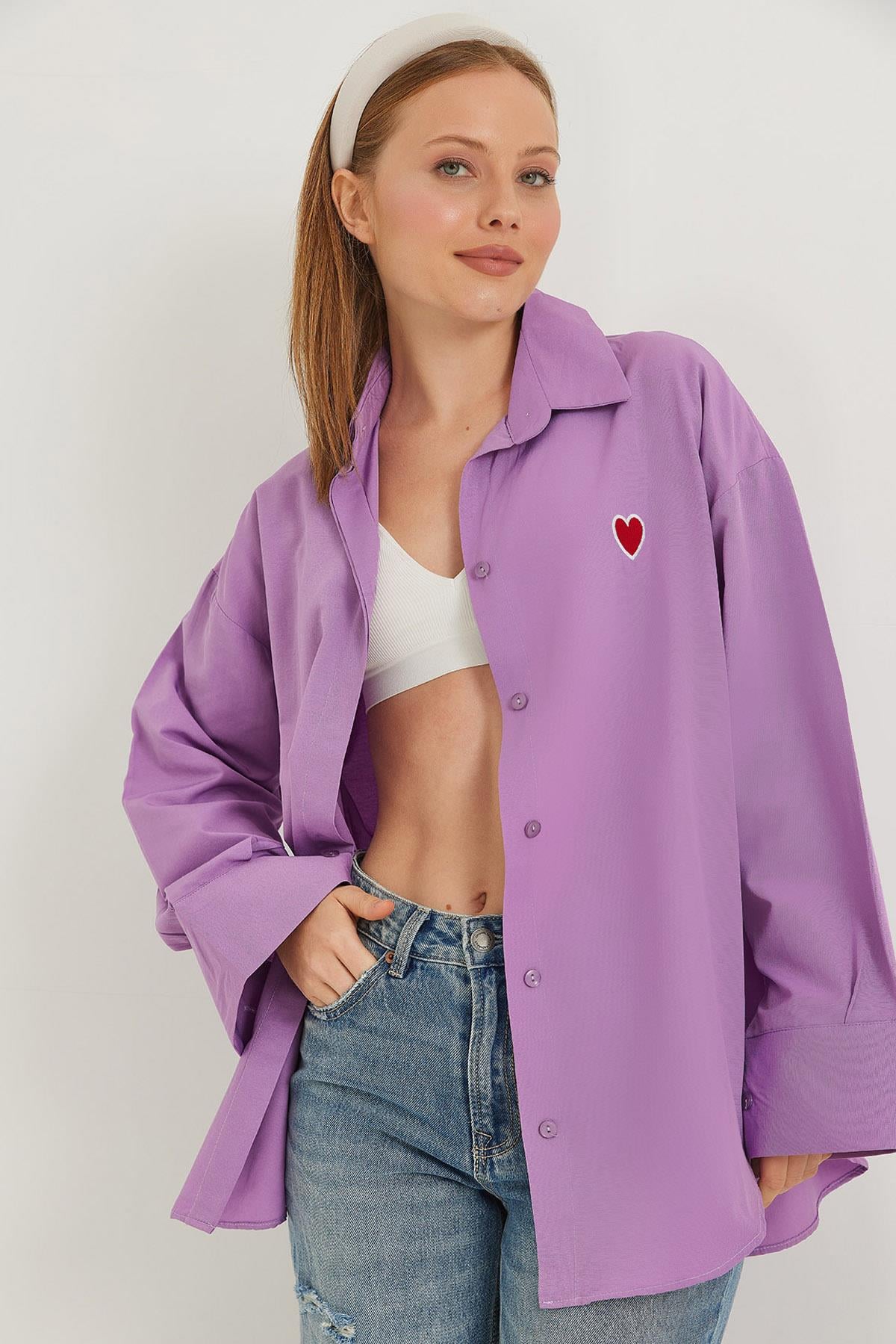 Kalp Nakışlı  Oversize Basic Gömlek Lila