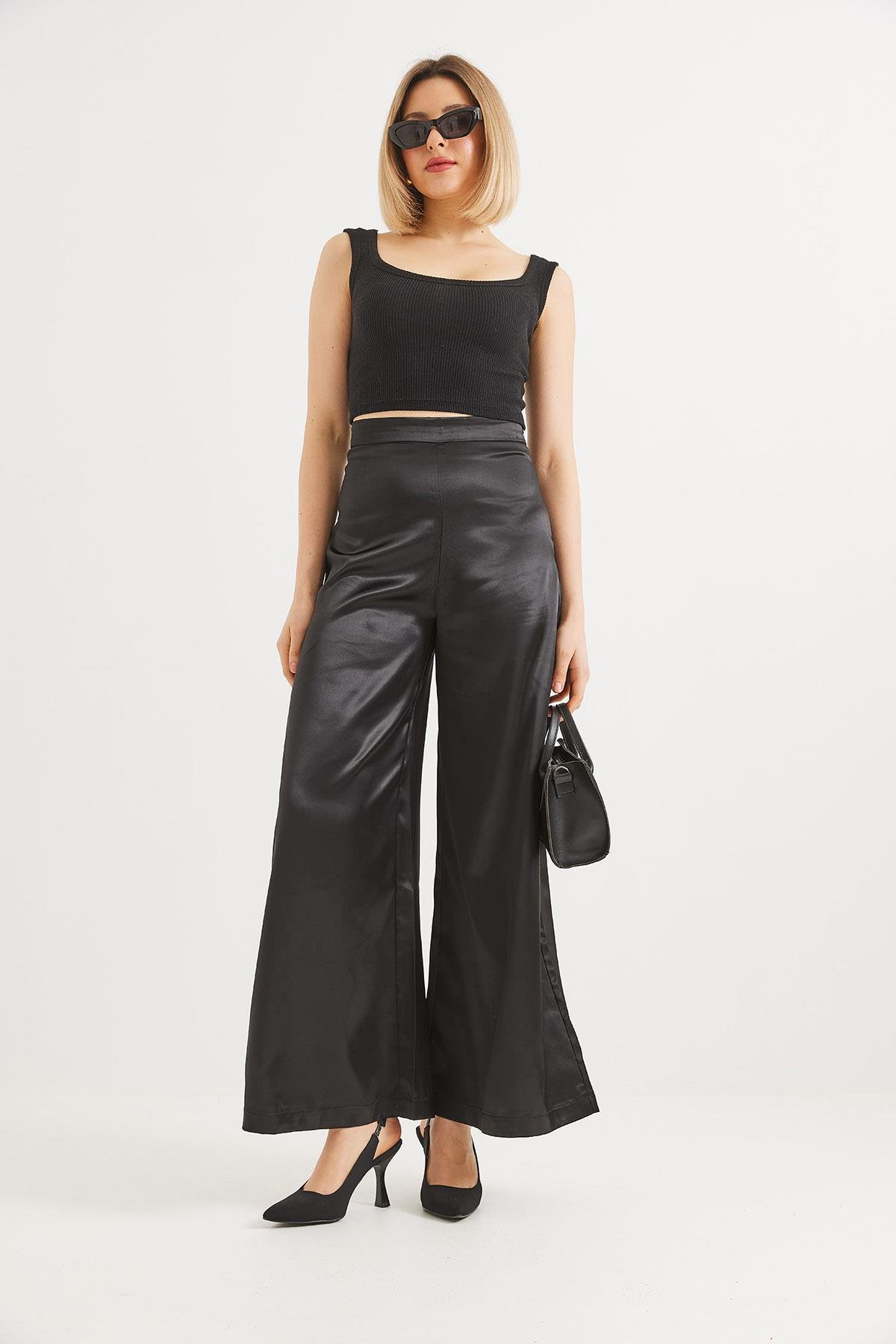 Kadın Bol Paça  Saten Pantalon Siyah