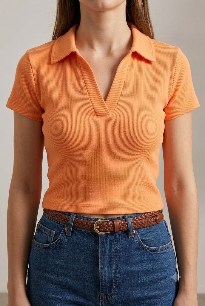 Polo Yaka Basıc Kısa Kollu Örme Kaşkorse Crop Bluz Yavru Ağzı