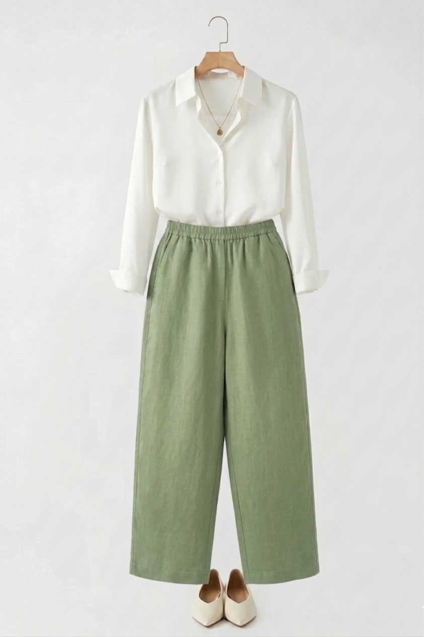 Kadın Beli Kalın Lastikli Bol Kesim Kumaş Pantolon  Haki