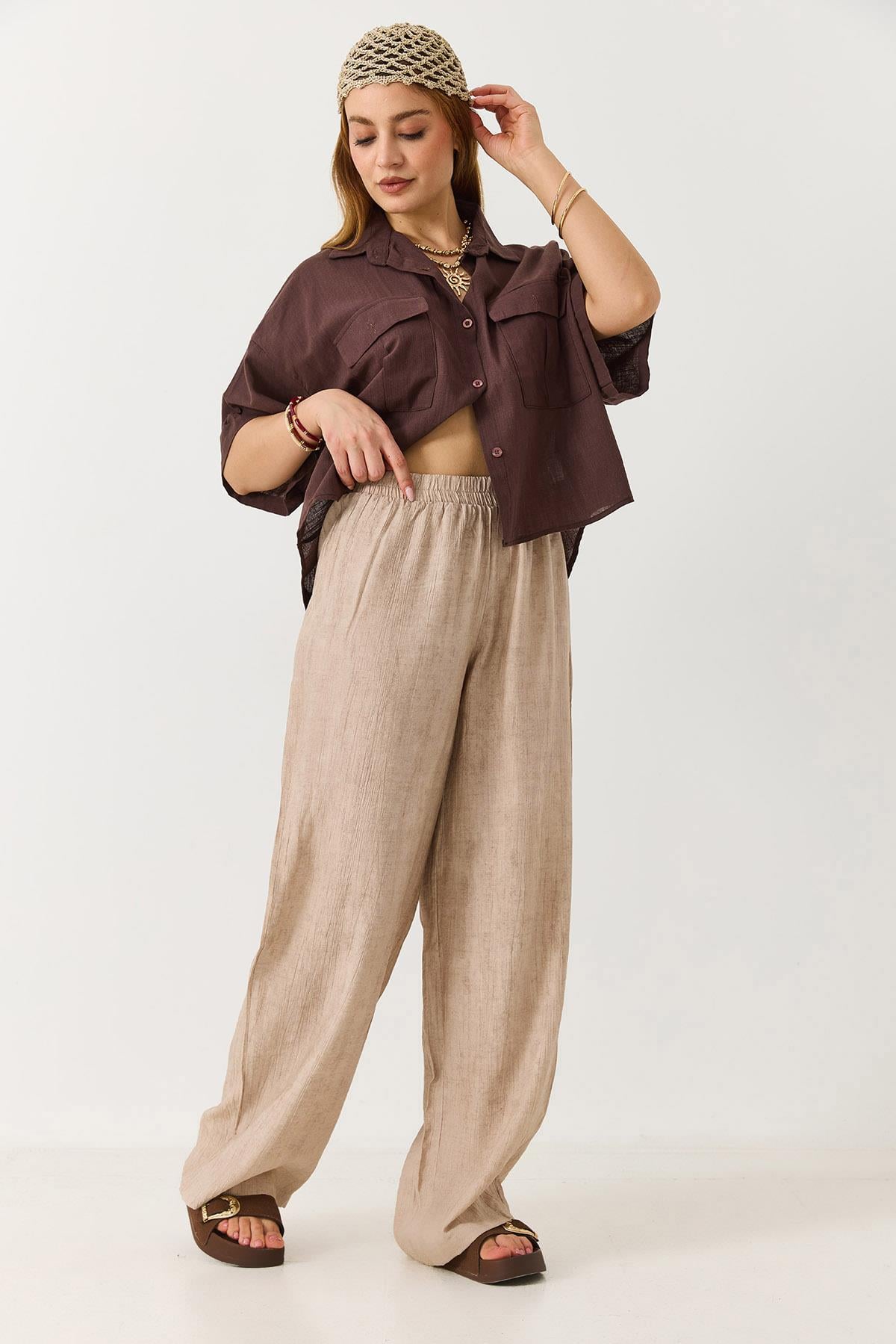 Kadın Desenli Beli Lastikli Bol Kesim Pantalon Vizon