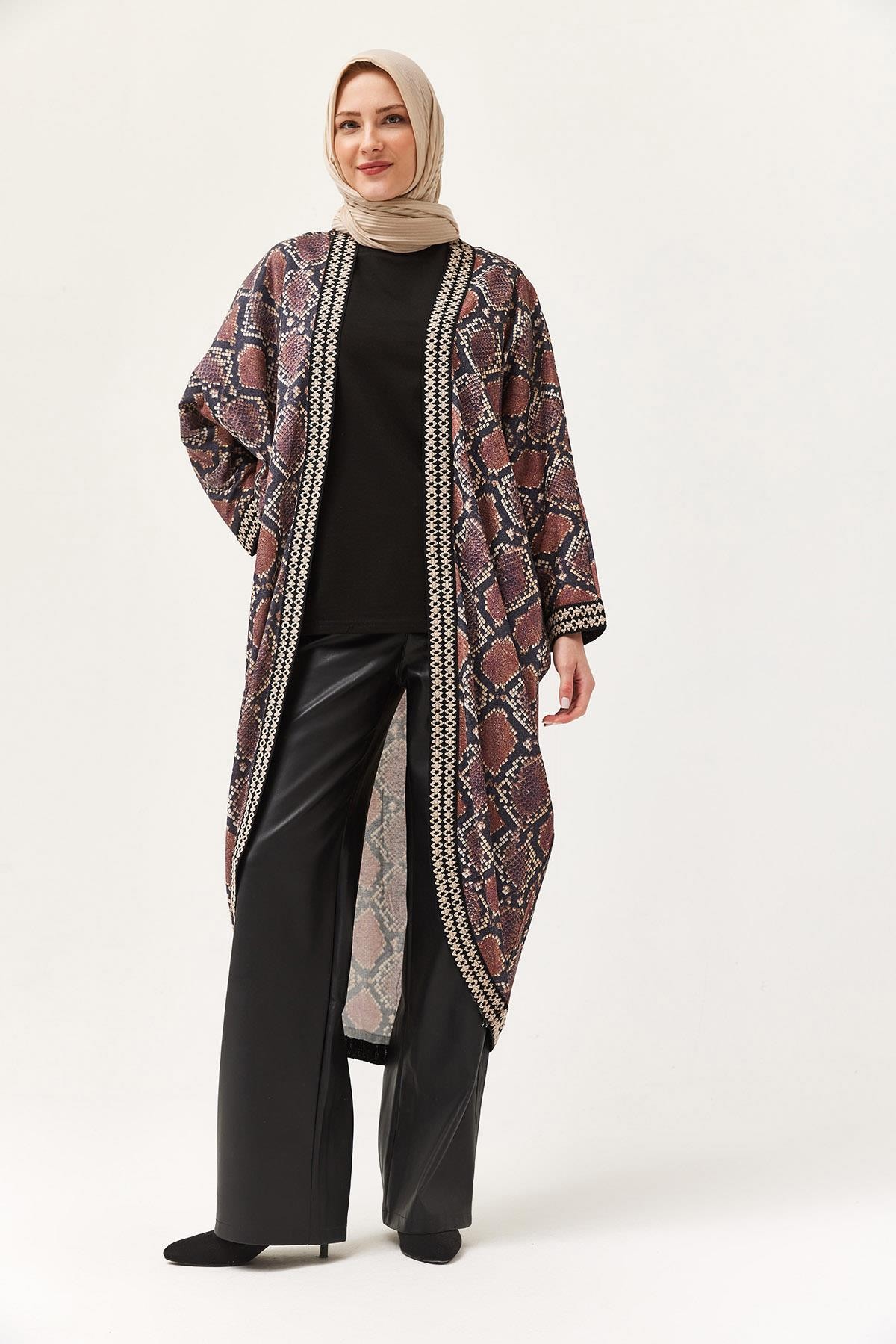 Oversize Şerit Detaylı Kimono Hırka Mürdüm · 2