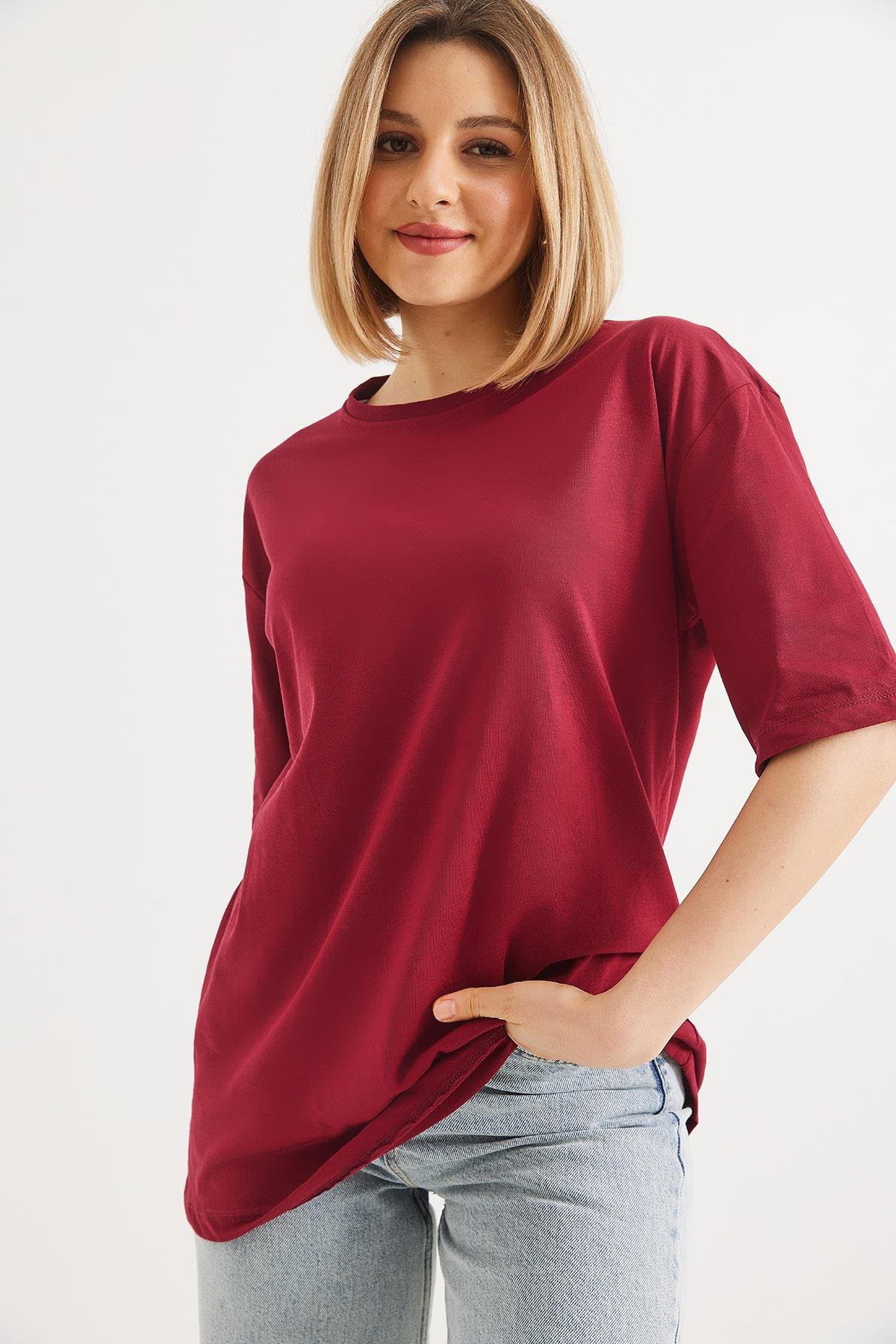 Oversize Bisiklet Yaka Basic Tshirt Bordo
