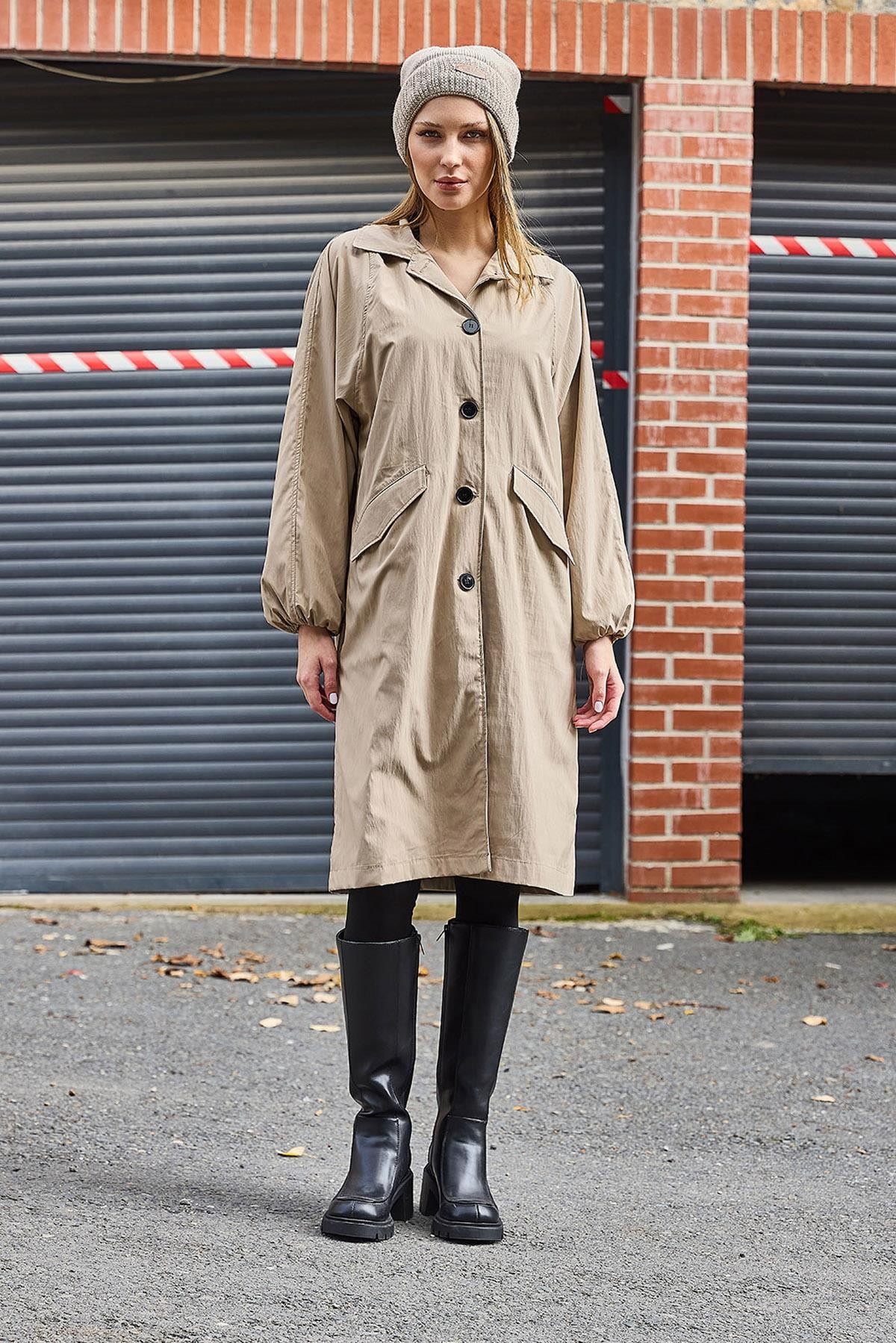 Oversize Hafif Modern Düğmeli Trençkot Bej