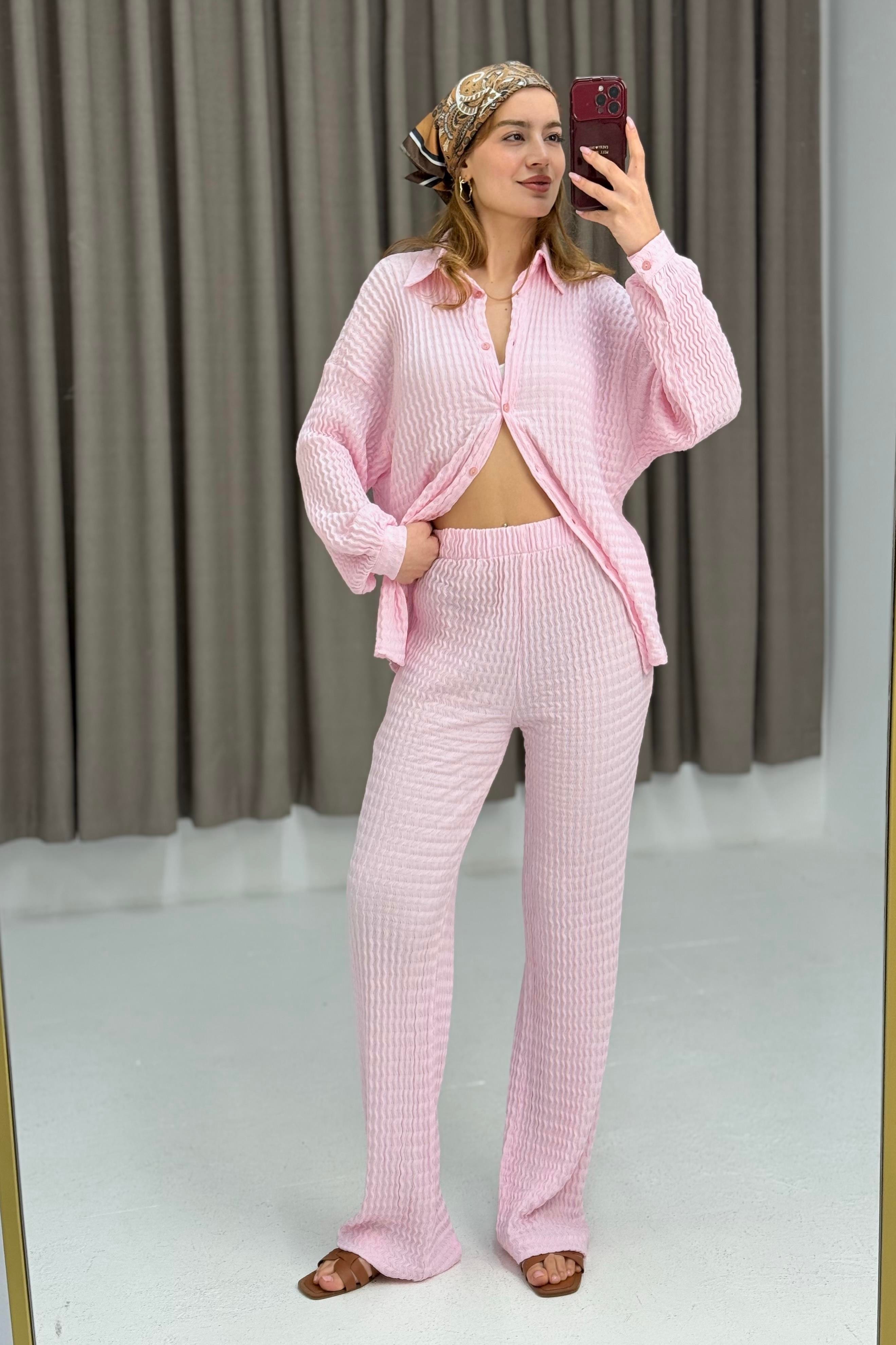 Kadın Bürümcük Gömlek Pantolon Takım Pembe