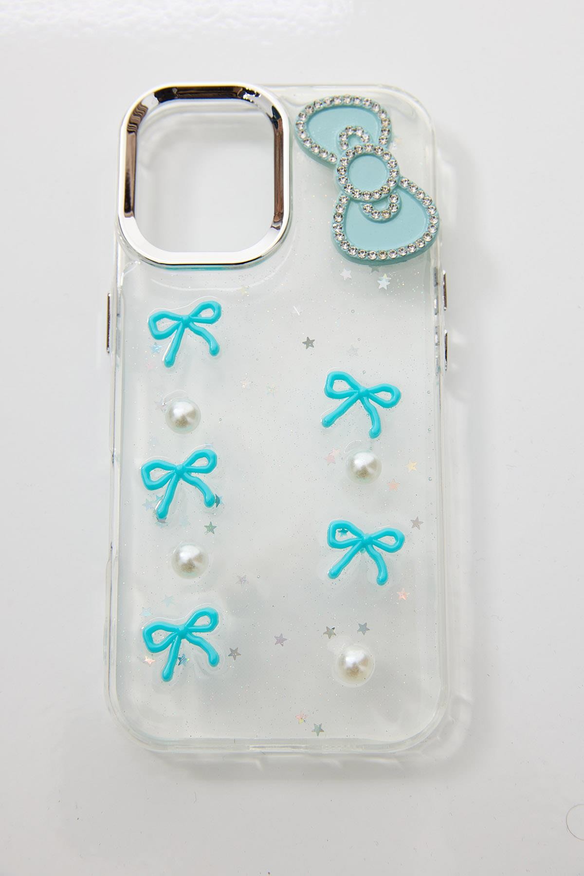 İphone 16 Pro  Uyumlu Kurdeleli ve İnci Taşlı Kılıf Mav