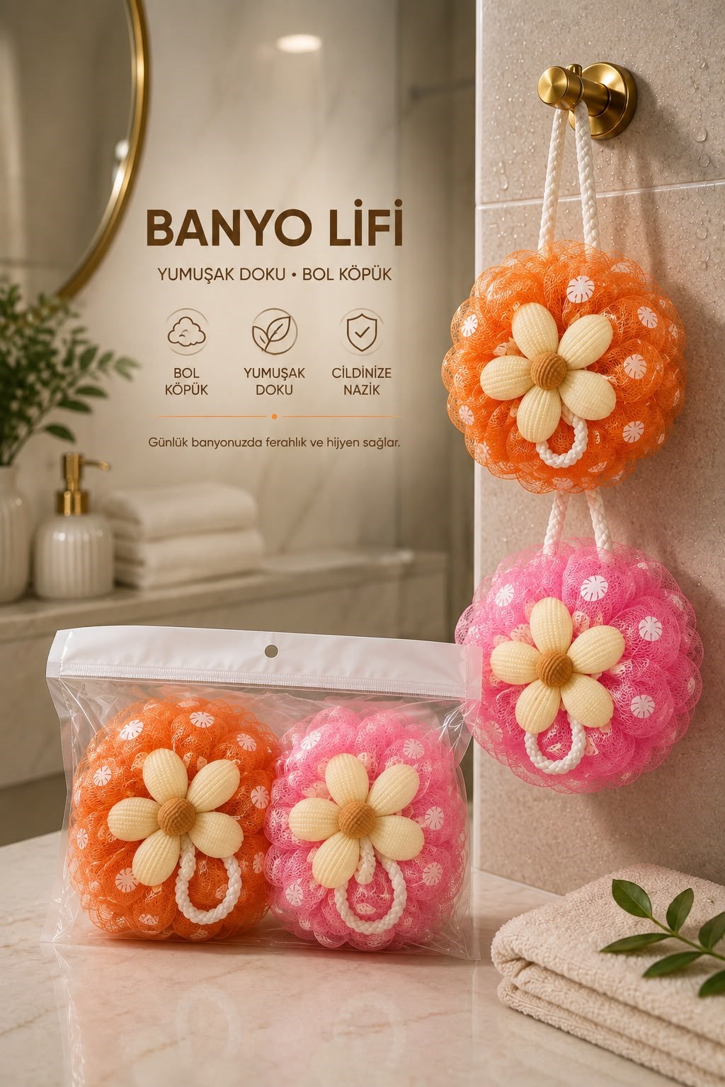 2'li Çiçek Desenli Banyo Lifi Turuncu