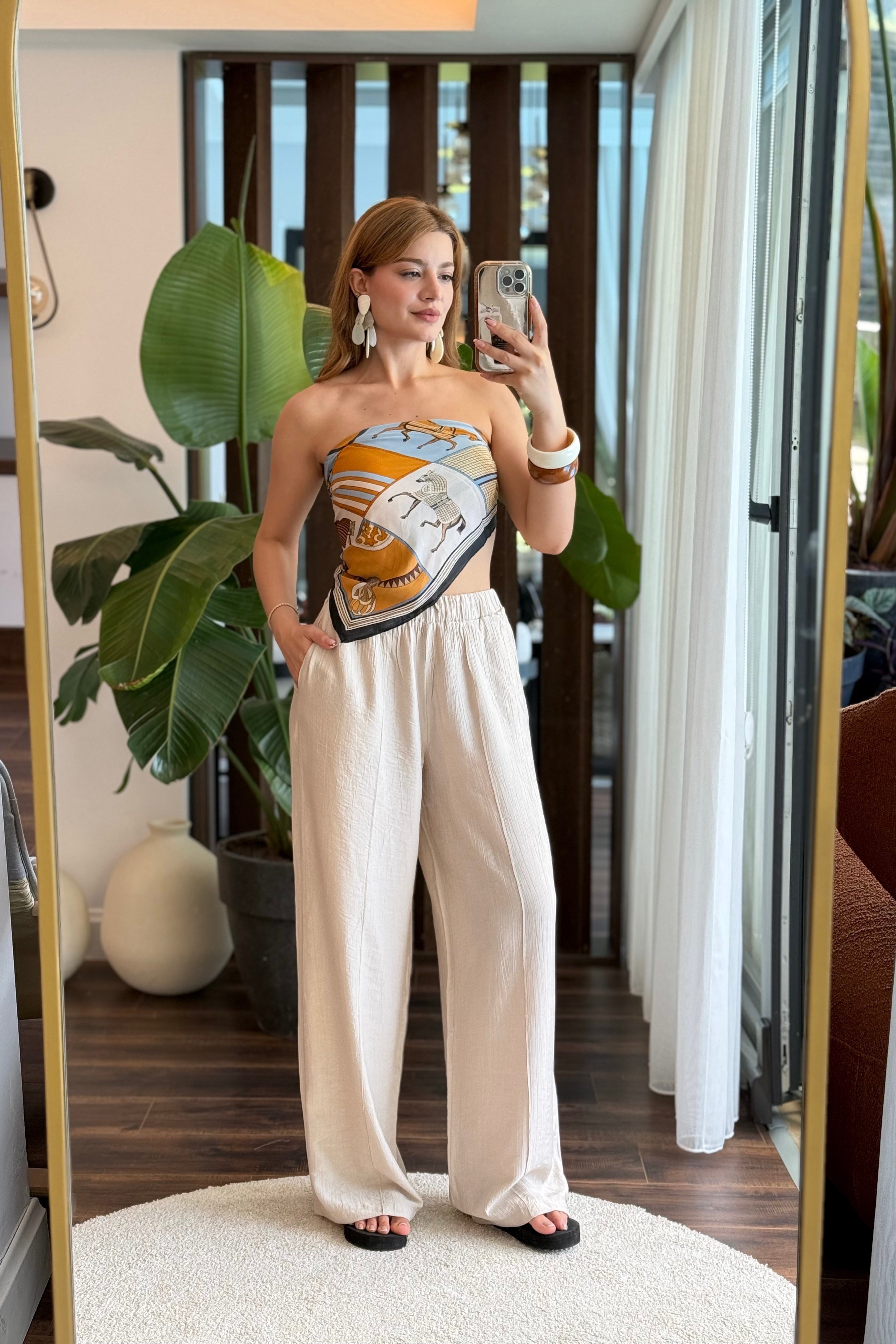 Kadın Bol Kesim Çımalı Keten Pantolon Bej