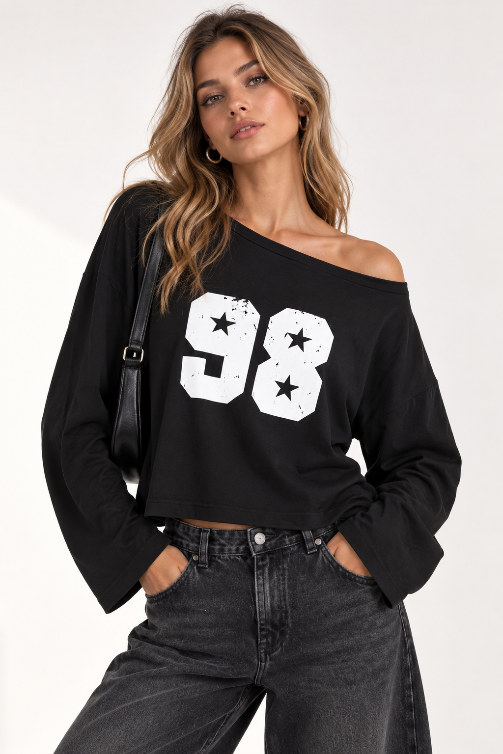 Kayık Yaka Viskon 98 Baskılı  Uzun Kollu Tshirt Siyah