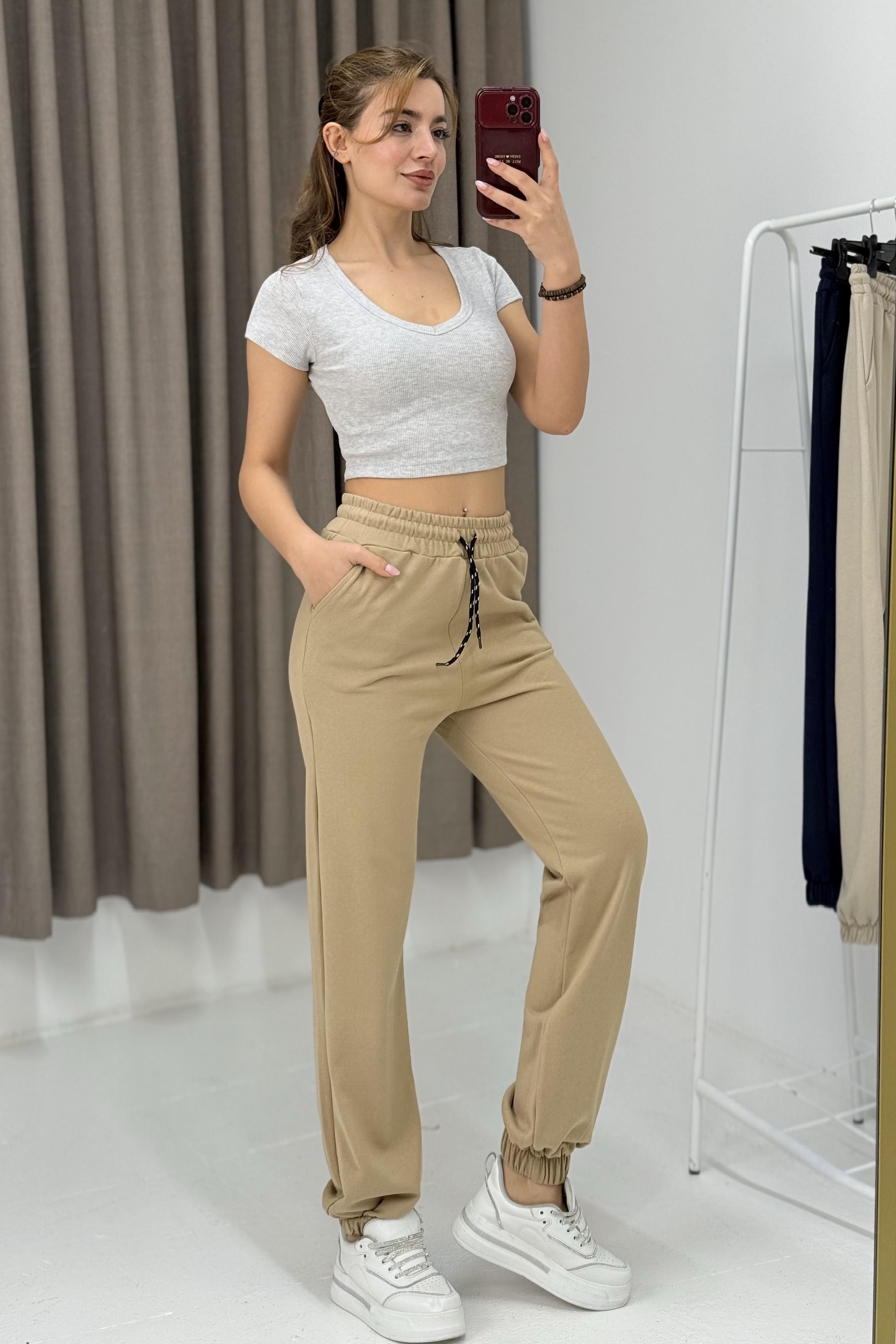 Kadın İki İplik Paçası Lastikli Eşofman Altı Vizon