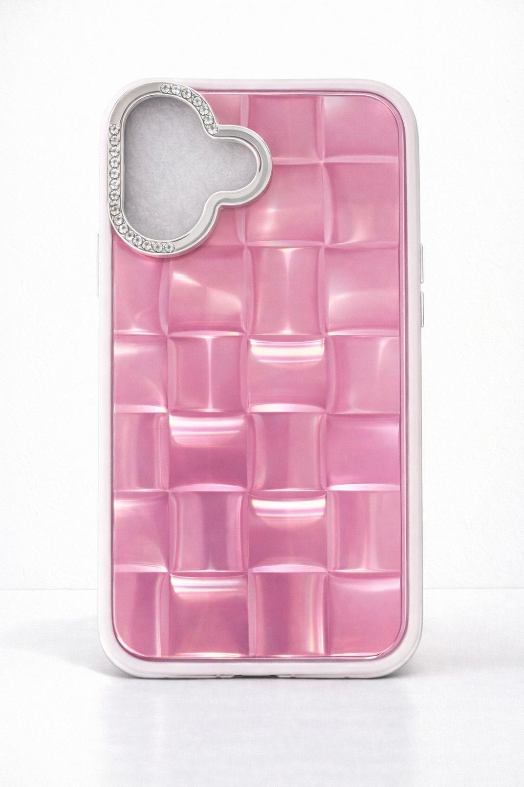 iPhone 17 Uyumlu 3D Kare Desenli Parlak Kılıf Pembe