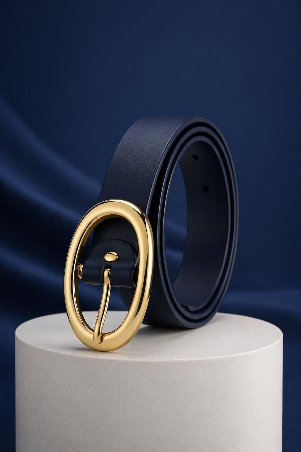 Gold Renk Oval Tokalı Kadın Kemer Lacivert